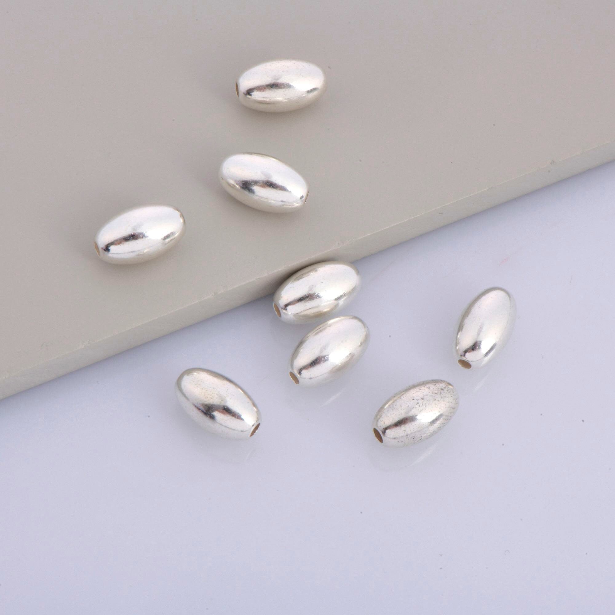 925 Sterling Silver Oval 12x7mm Beads, Solid 925 Rice Beads, Seamless Olive Beads, Barrel Shape Bracelet Spacer Beads, Jewelry Supplies, M1E