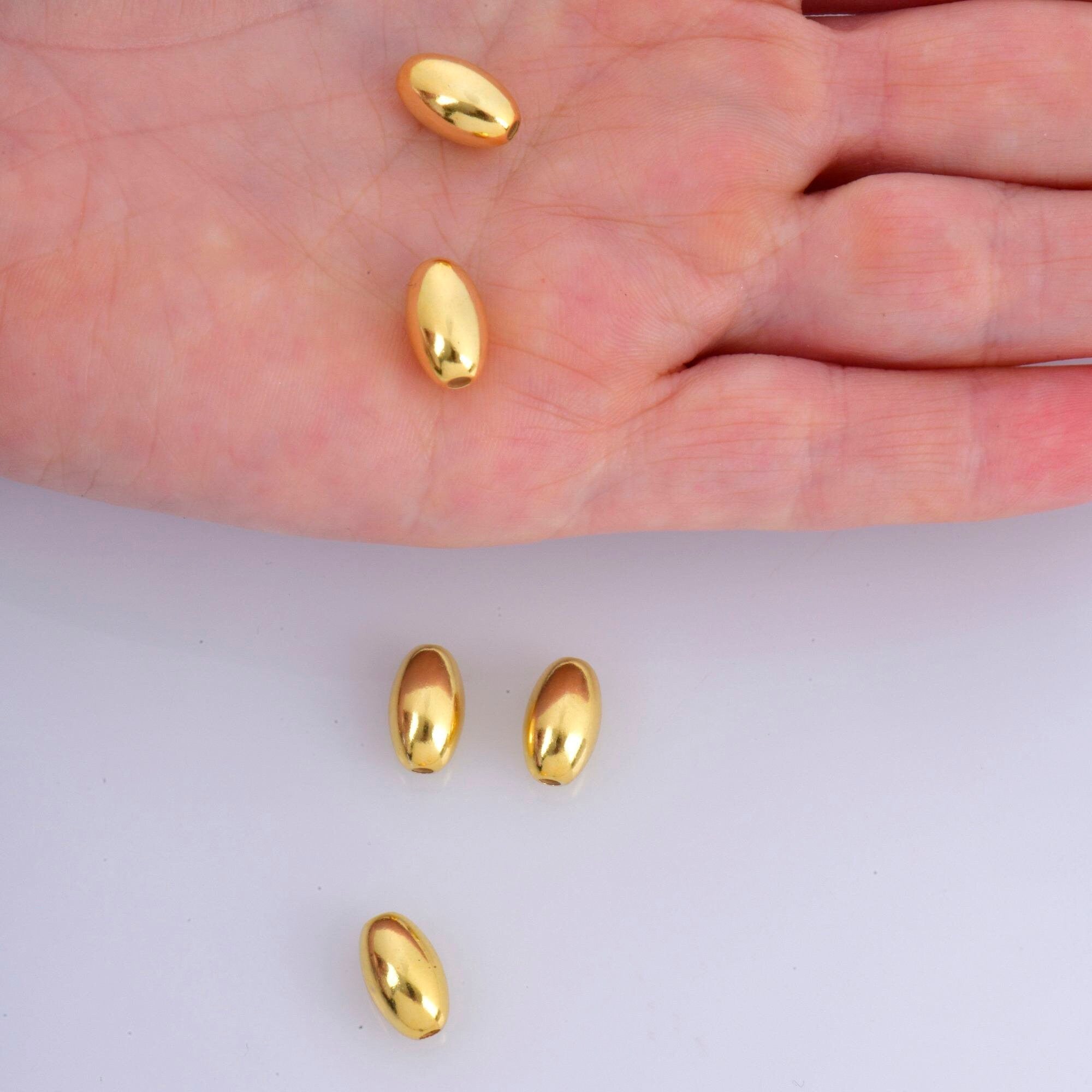 24K Gold 12x7mm Plated Rice Shape Beads, 925 Silver Oval Beads in 24K Gold Vermeil, Smooth Seamless Olive Beads, Jewelry Supplies, VM1E