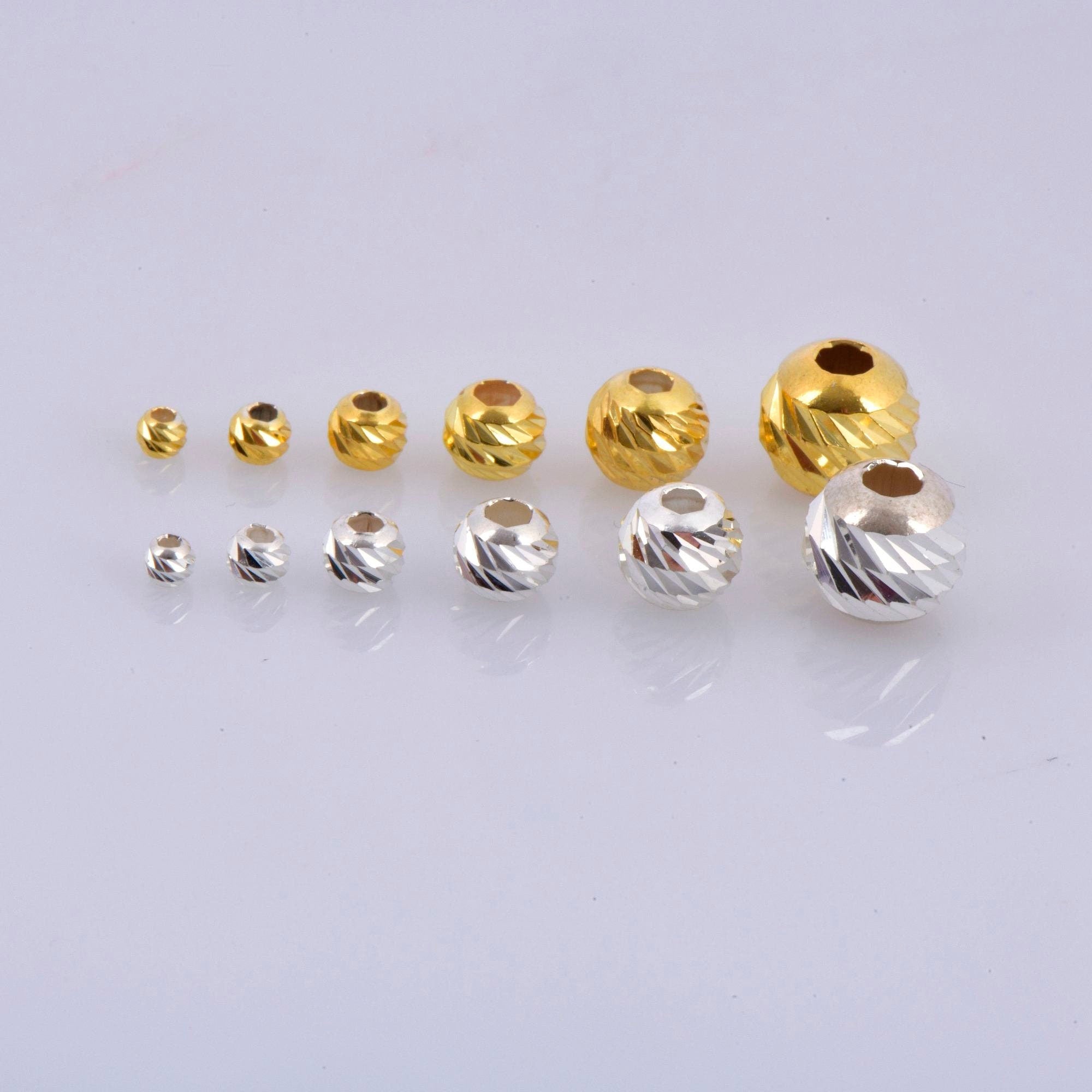 925 Silver & 24K Gold Diamond Cut Round Beads, Laser Multi Diamond Cut Beads, Moon Cut Spacer Beads, Jewelry Supplies, VM2/M2 A-F
