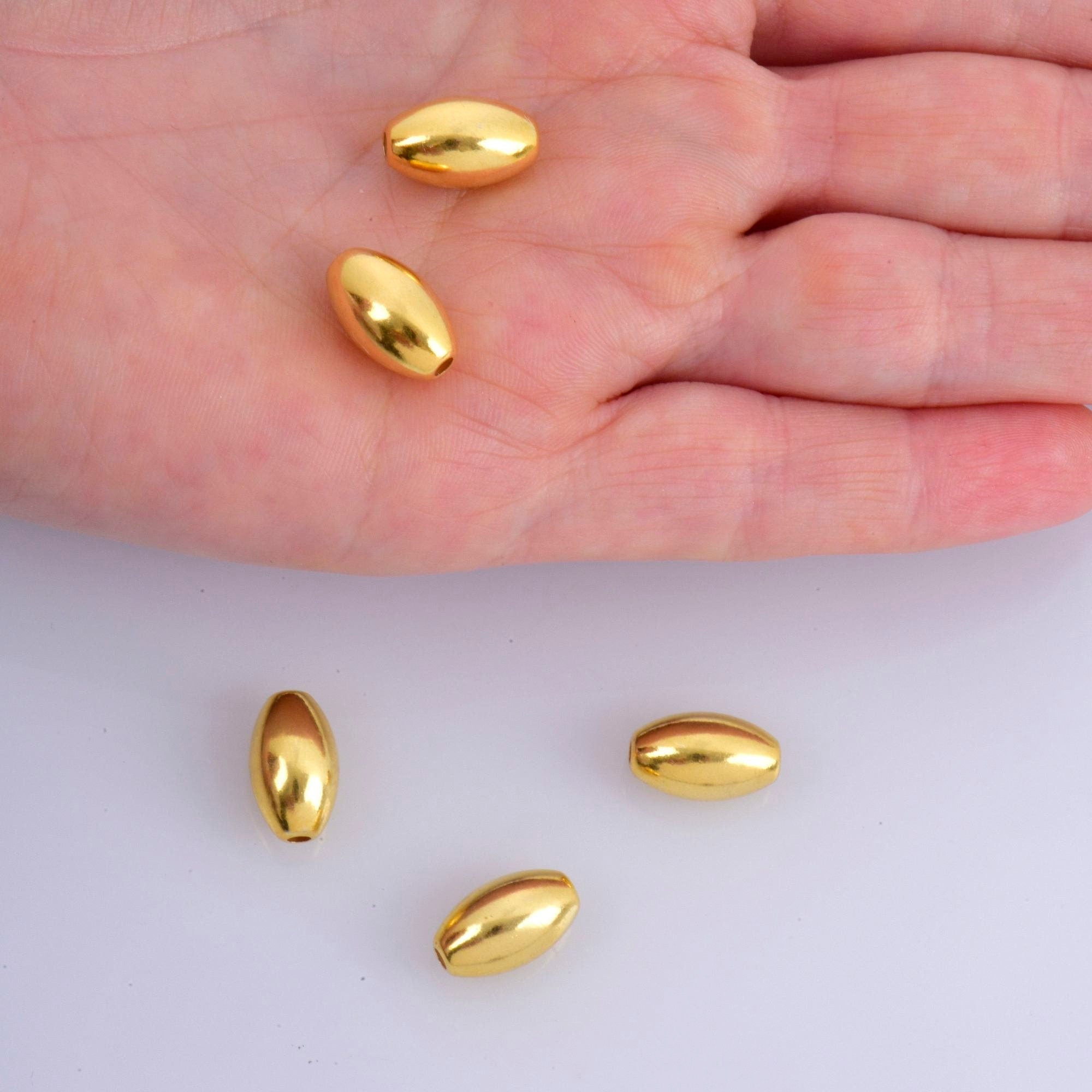 24K Gold Plated Rice Shape Beads, 925 Silver Oval 13.5x8mm Beads in 24K Gold Vermeil, Smooth Seamless Olive Beads, Jewelry Supplies, VM1F