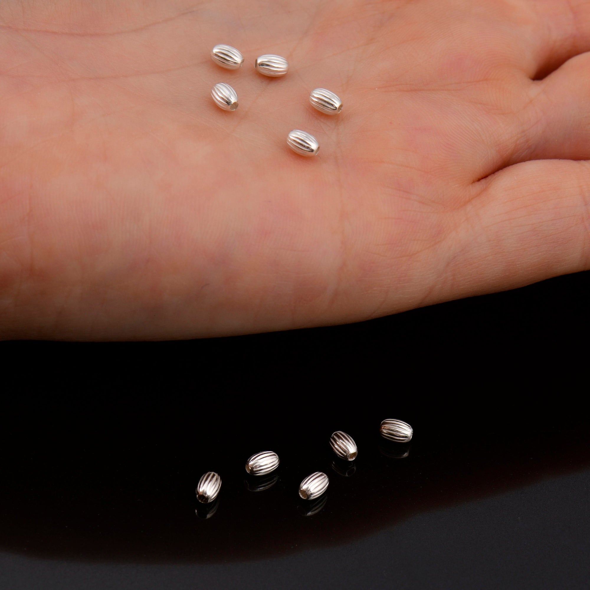 925 Sterling Silver 4.5x3mm Corrugated Oval Beads, Solid Seamless Oval Beads, Olive Shape Beads, Barrel Shape Jewelry Crafting Supplies, M4A