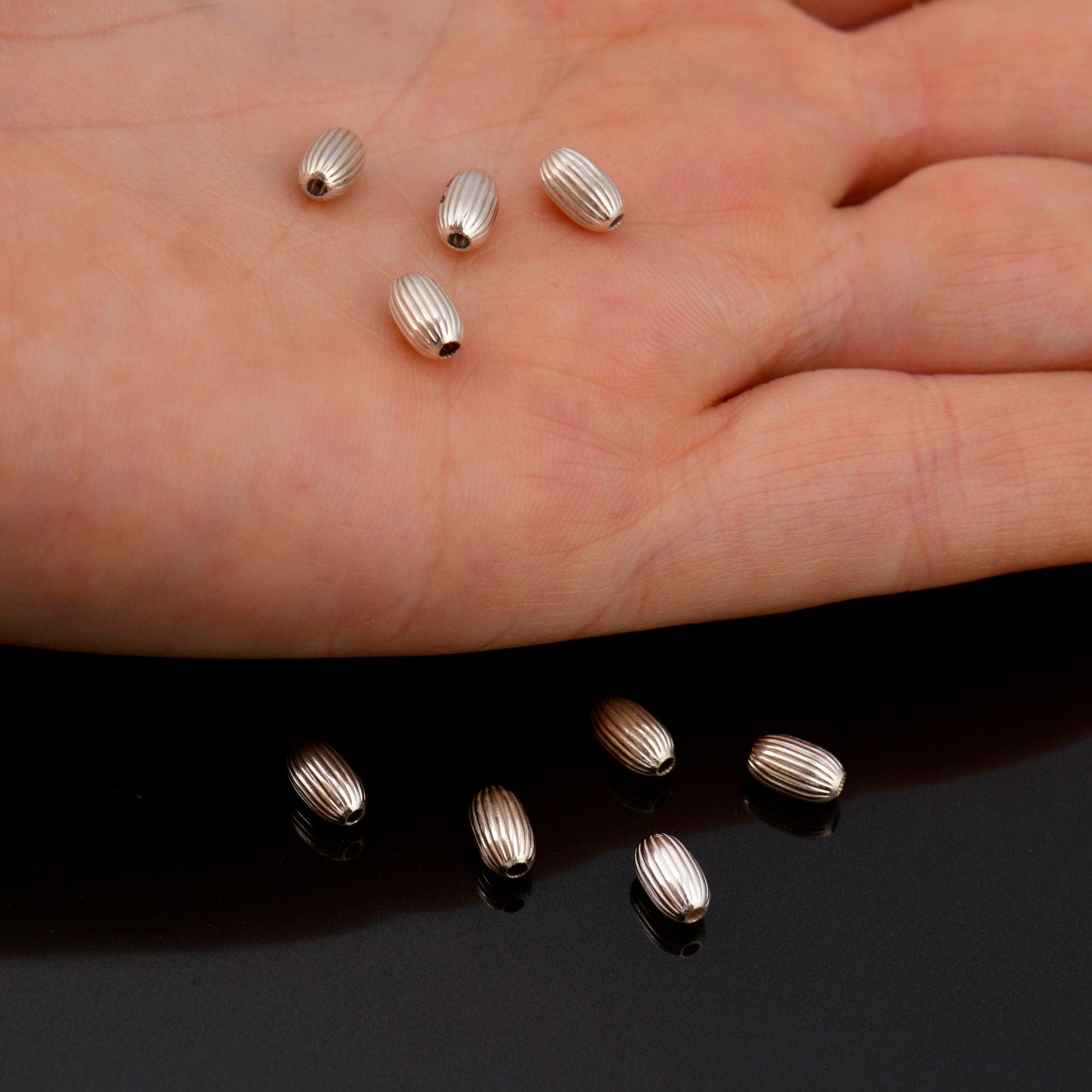 925 Sterling Silver 7x4mm Corrugated Oval Beads, Solid Seamless Oval Beads, Olive Shape Beads, Barrel Shape Jewelry Crafting Supplies, M4B