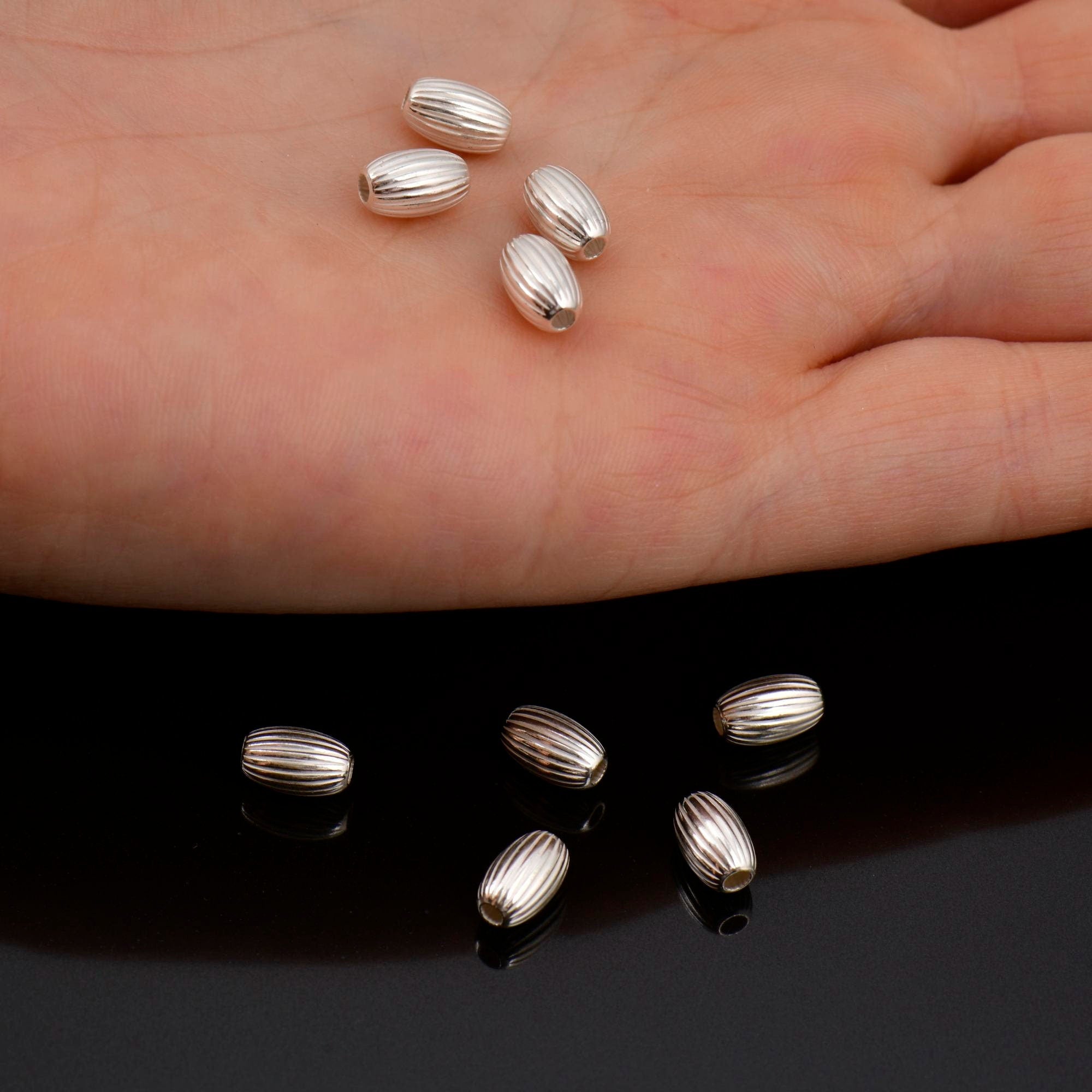 925 Sterling Silver 8x5mm Corrugated Oval Beads, Solid Seamless Oval Beads, Olive Shape Beads, Barrel Shape Jewelry Crafting Supplies, M4C