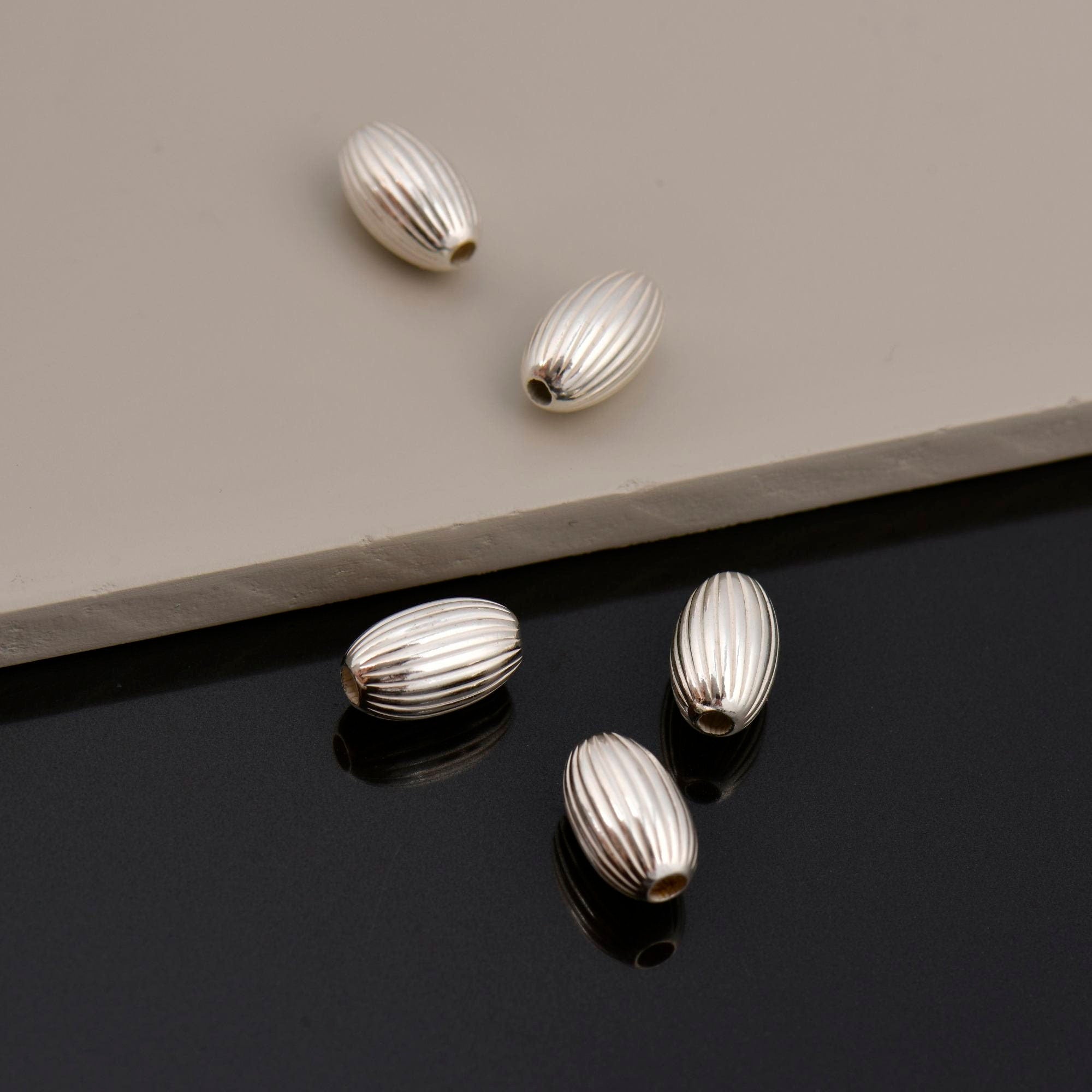 925 Silver Seamless 12x7mm Oval Beads, Sterling Silver Corrugated Oval Beads, Olive Shape Beads, Barrel Shape Jewelry Crafting Supplies, M4E