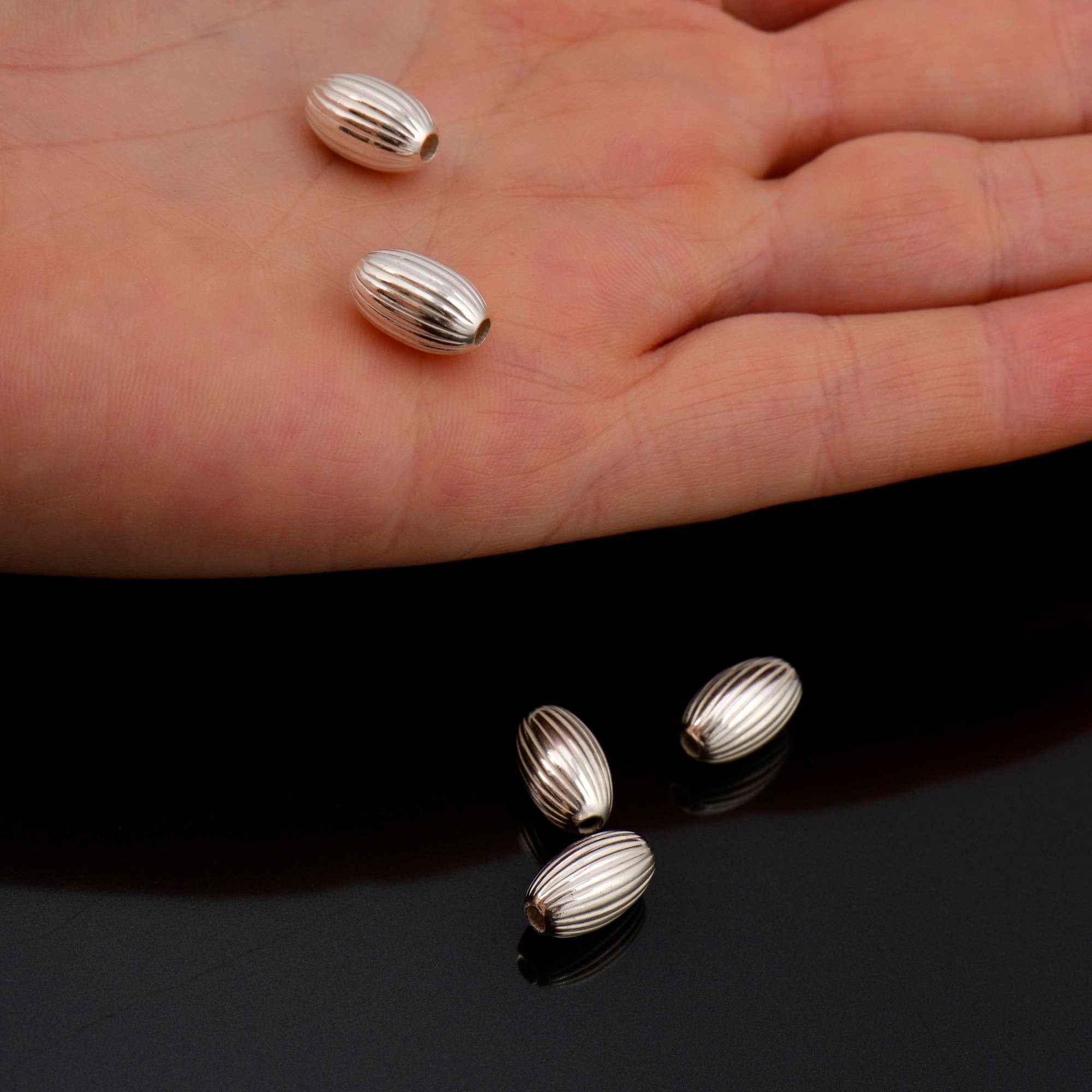 925 Silver Seamless 12x7mm Oval Beads, Sterling Silver Corrugated Oval Beads, Olive Shape Beads, Barrel Shape Jewelry Crafting Supplies, M4E