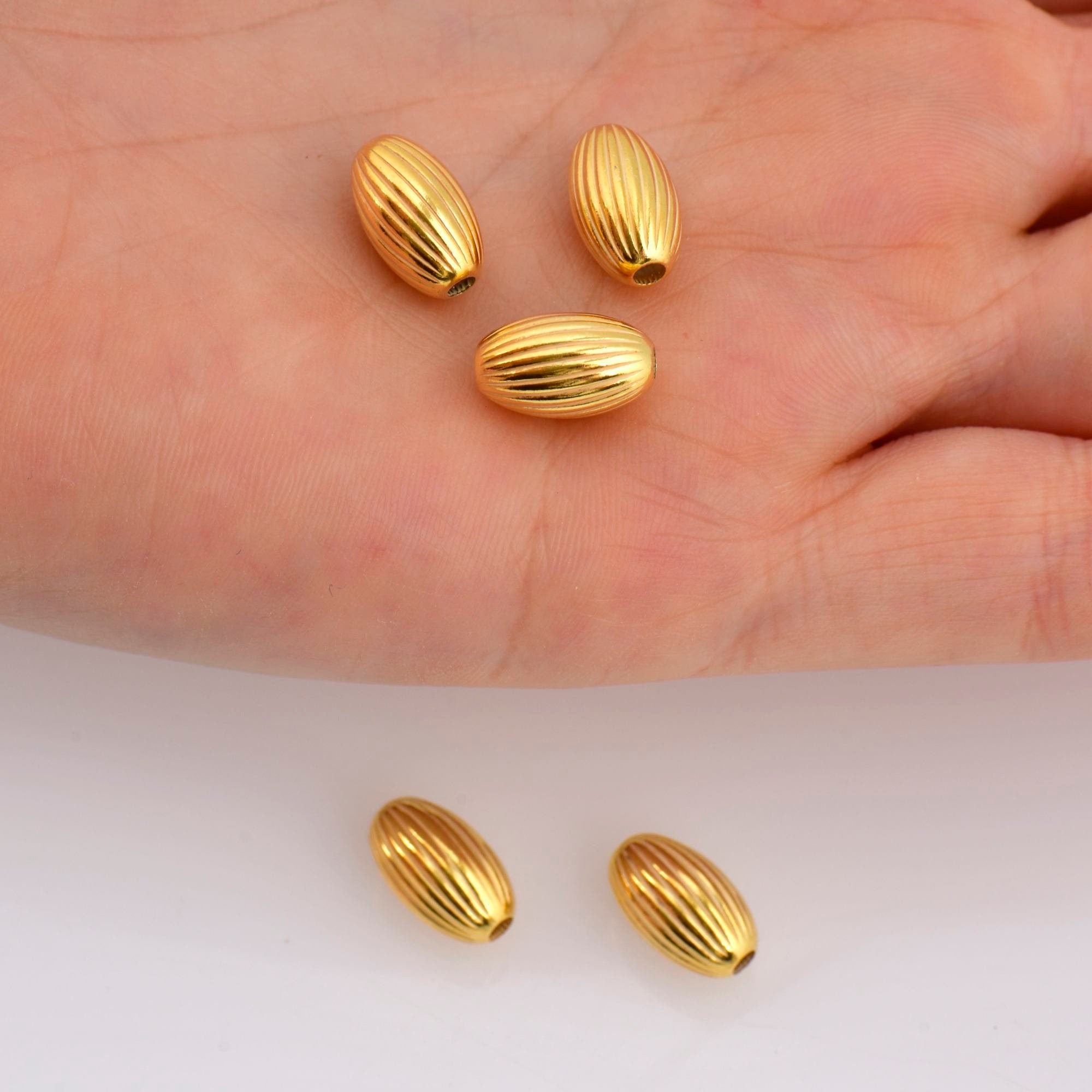 24K Gold 12mmx7mm Plated Seamless Oval Beads, 925 Silver Corrugated Oval Beads in Gold Vermeil, Olive Shape Beads, Jewelry Supplies, VM4E