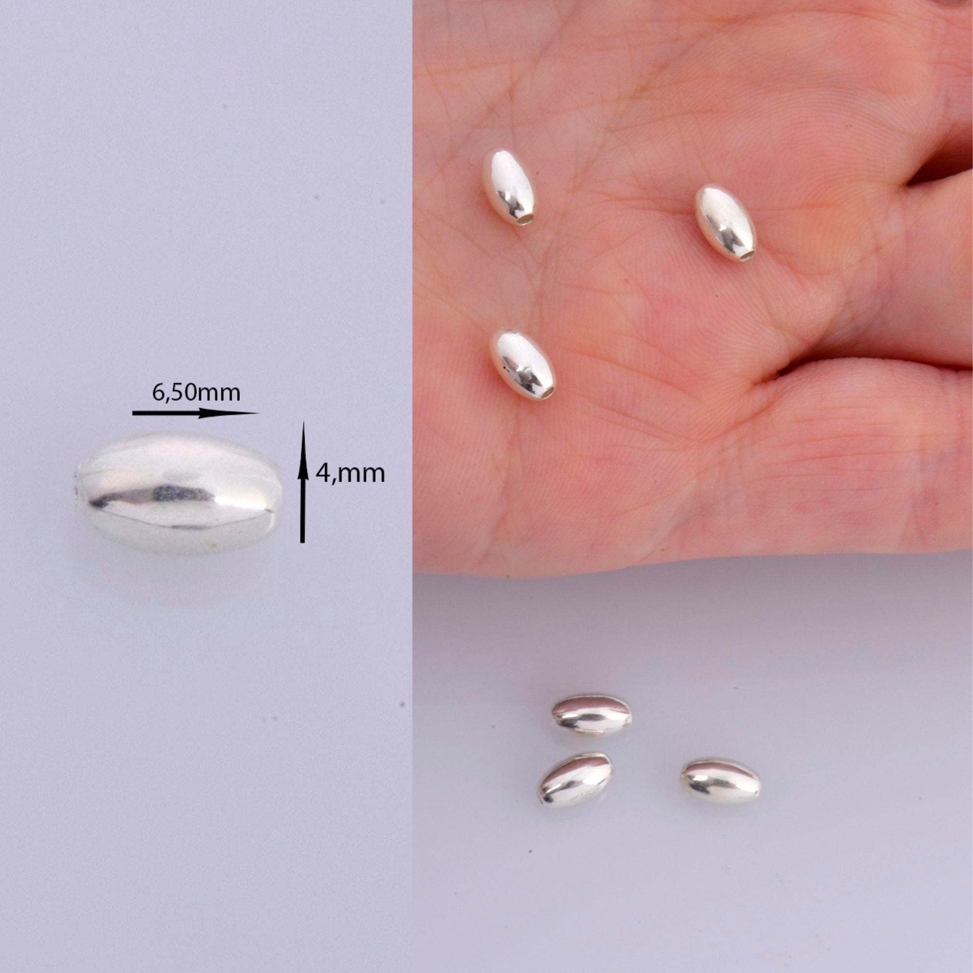 925 Sterling Silver 6.5x4mm Oval Beads, Rice Beads, Smooth Seamless Olive Beads, Barrel Shape Bracelet Spacer Beads, Jewelry Supplies, M1B