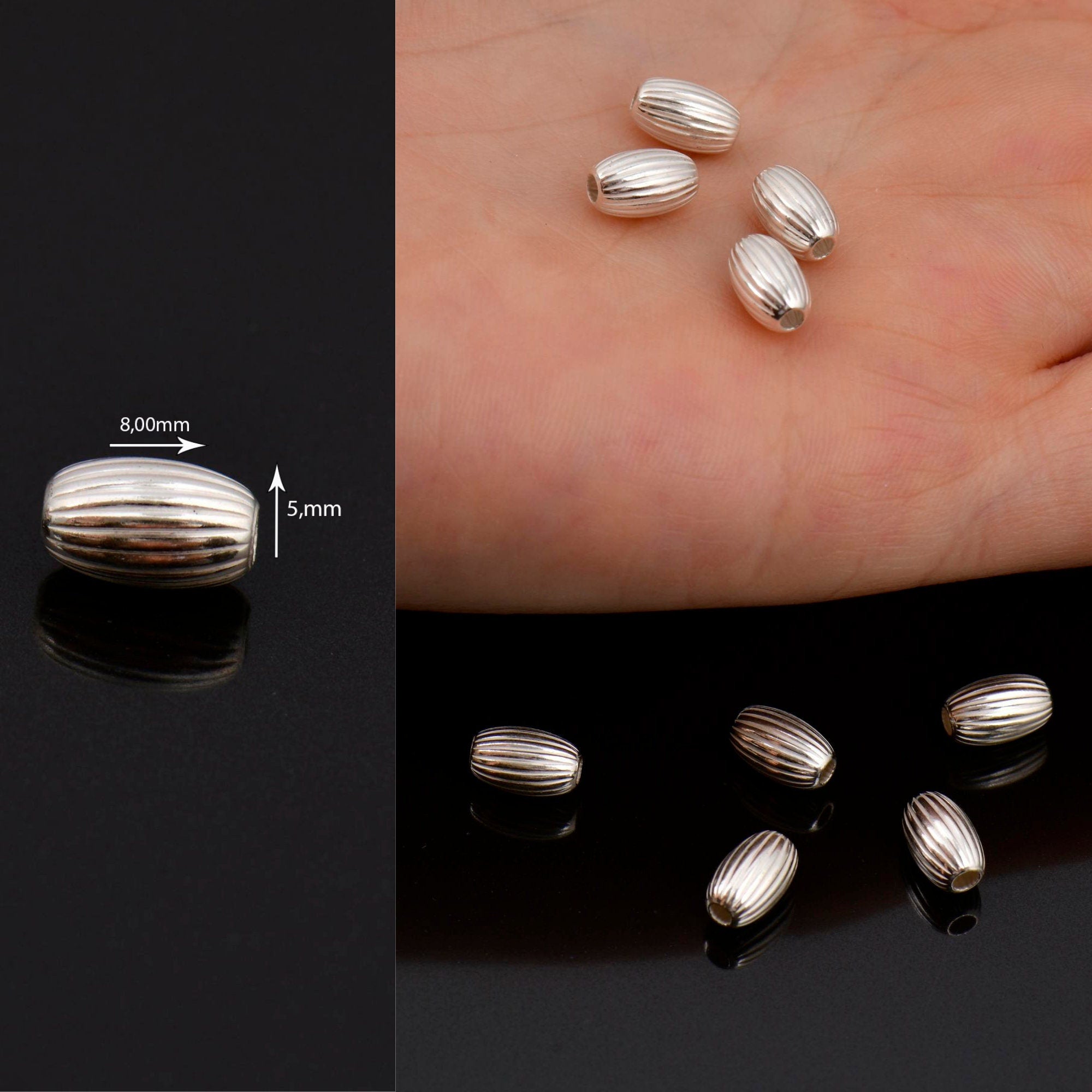 925 Sterling Silver 8x5mm Corrugated Oval Beads, Solid Seamless Oval Beads, Olive Shape Beads, Barrel Shape Jewelry Crafting Supplies, M4C