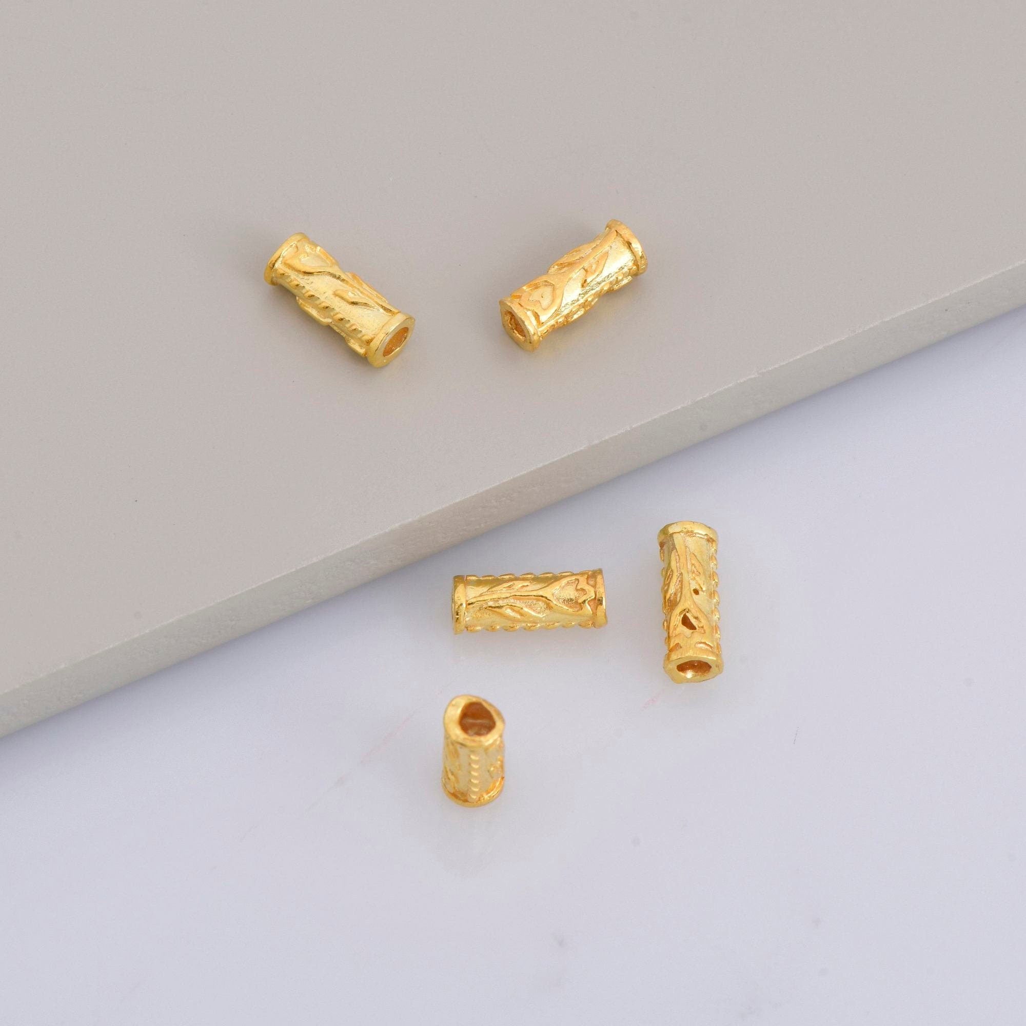 24K Gold Vermeil Tube Beads, Gold Plated Flower Tube Beads, 925 Silver Spacer Tube Beads in Gold, Silver Tube Beads For Jewelry Making, VM21