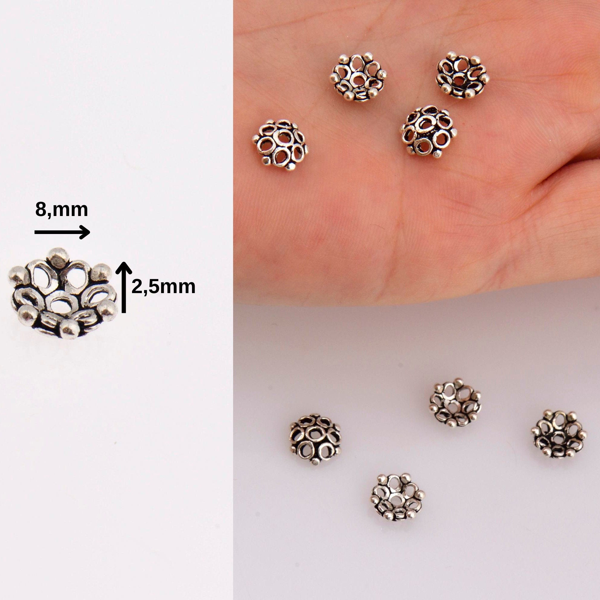 925 Sterling Silver Flower Bead Caps, Solid Silver Bead Caps, 8mm Flower Bead Caps, Oxidized Spacer Bead Caps, Jewelry Making Supply, M6A