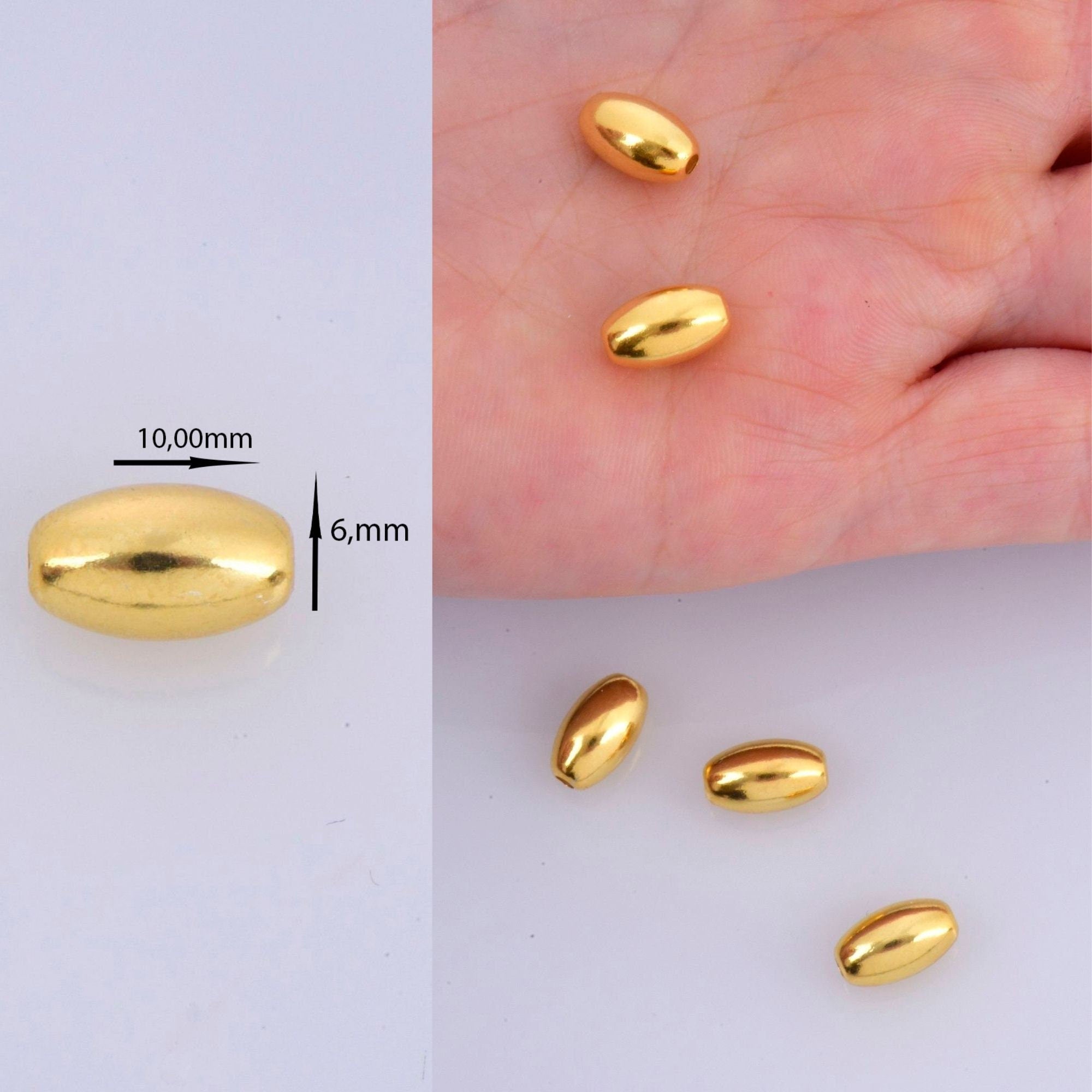 24K Gold 10x6mm Plated Rice Shape Beads, 925 Silver Oval Beads in 24K Gold Vermeil, Smooth Seamless Olive Beads, Jewelry Supplies, VM1D