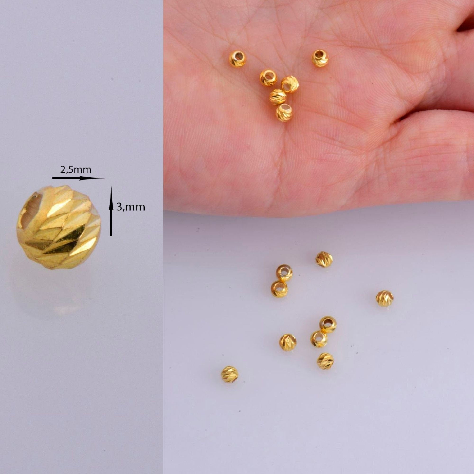 24K Gold Vermeil Diamond Cut 3 mm Round Beads, Silver Laser Multi Diamond Cut Beads in 24K, Moon Cut Spacer Beads, Jewelry Supplies, VM2B