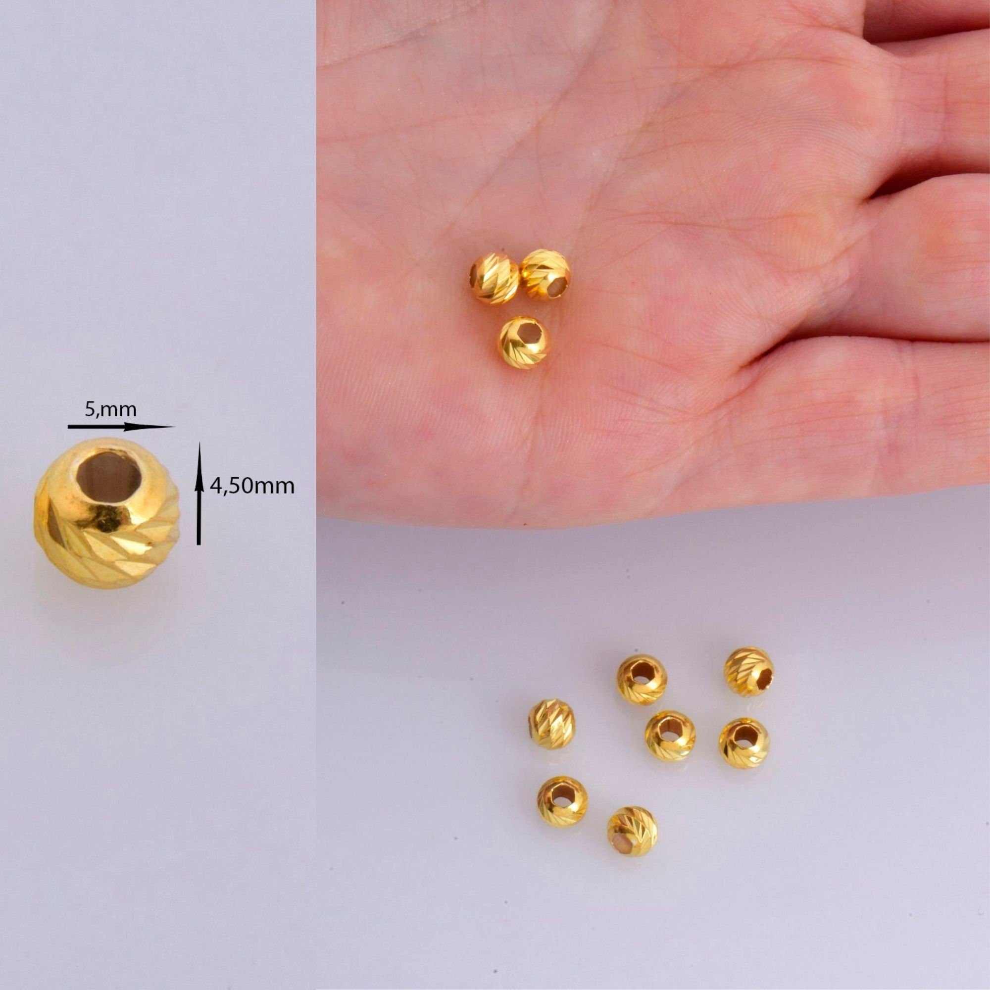 24K Gold Vermeil Diamond Cut 5mm Round Beads, Silver Laser Multi Diamond Cut Beads in 24K, Moon Cut Spacer Beads, Jewelry Supplies, VM2D