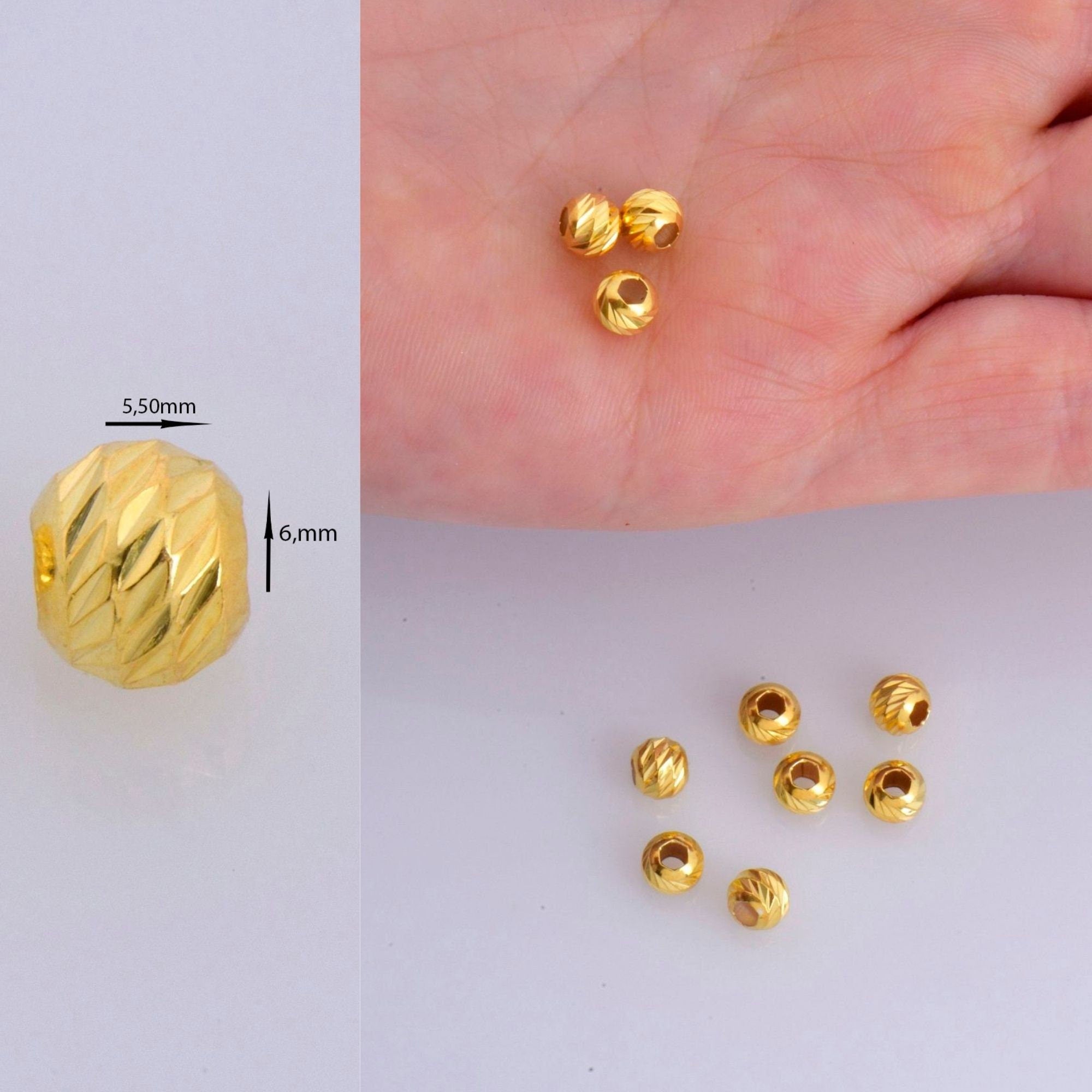 24K Gold Vermeil Diamond Cut 6mm Round Beads, Silver Laser Multi Diamond Cut Beads in 24K, Moon Cut Spacer Beads, Jewelry Supplies, VM2E