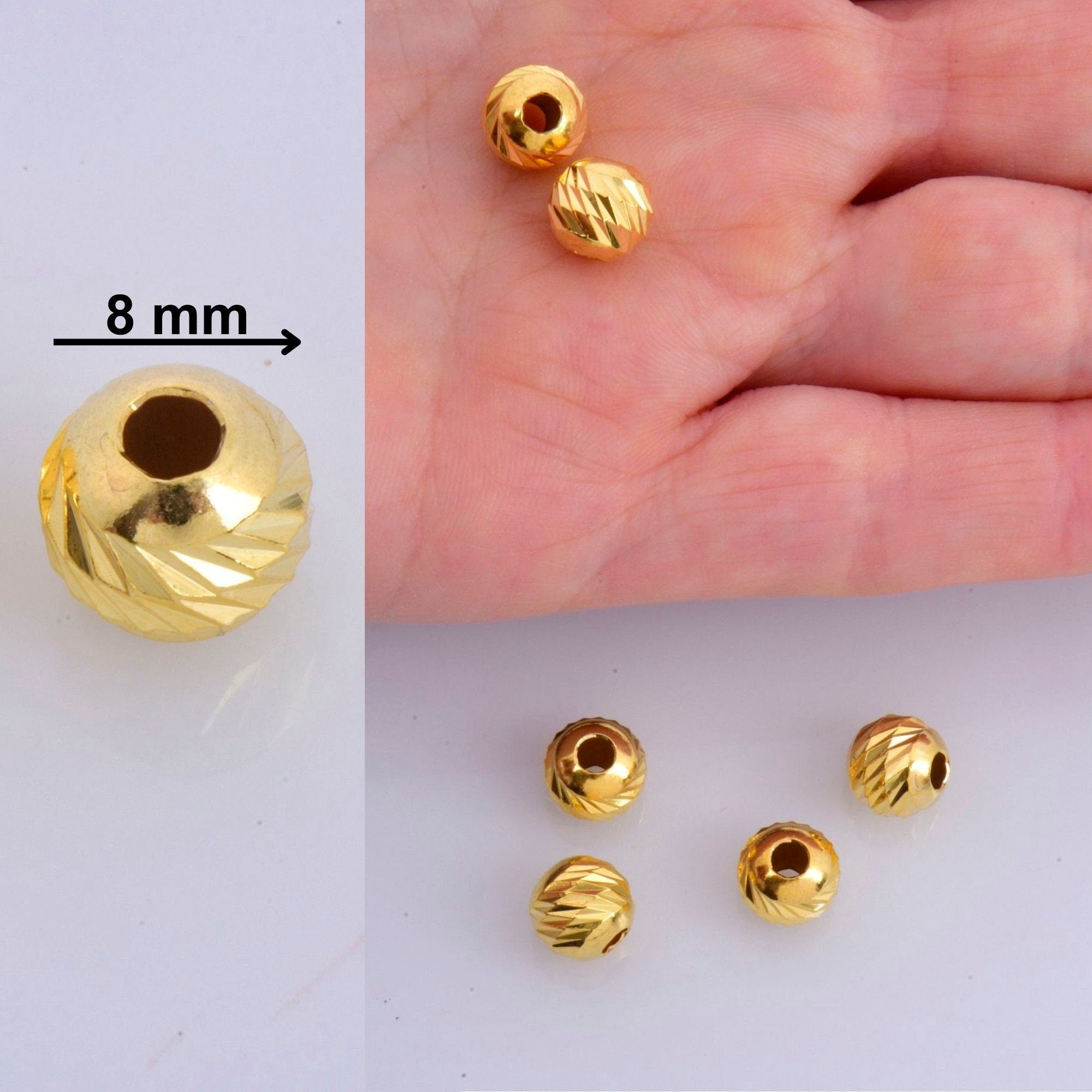 24K Gold Vermeil Diamond Cut 8mm Round Beads, 925 Silver Laser Multi Diamond Cut Beads in 24K, Moon Cut Spacer Beads, Jewelry Supplies, VM2F