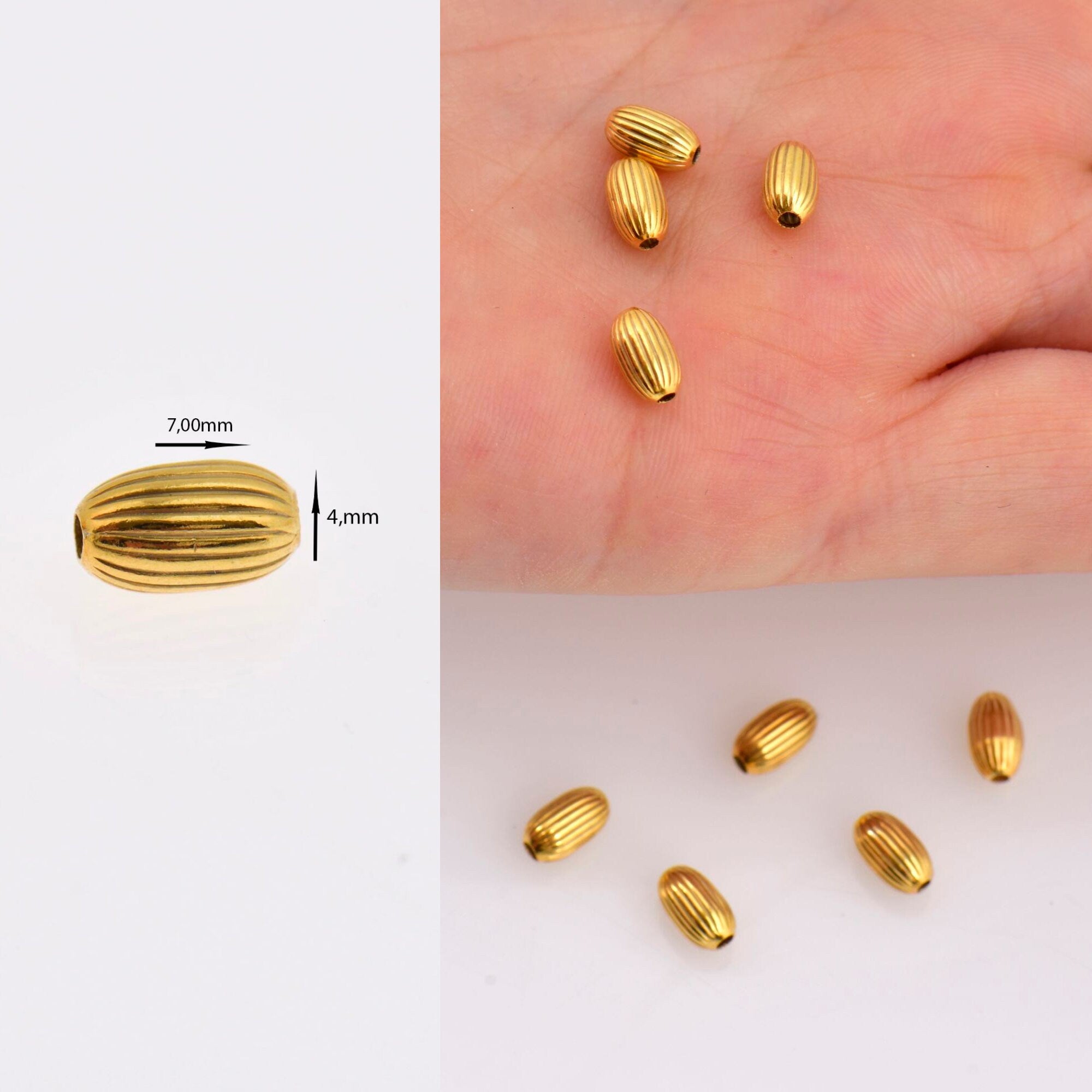 24K Gold Plated Seamless Oval Beads, 925 Silver 7mmx4mm Corrugated Oval Beads in 24K Gold Vermeil, Olive Shape Beads, Jewelry Supplies, VM4B