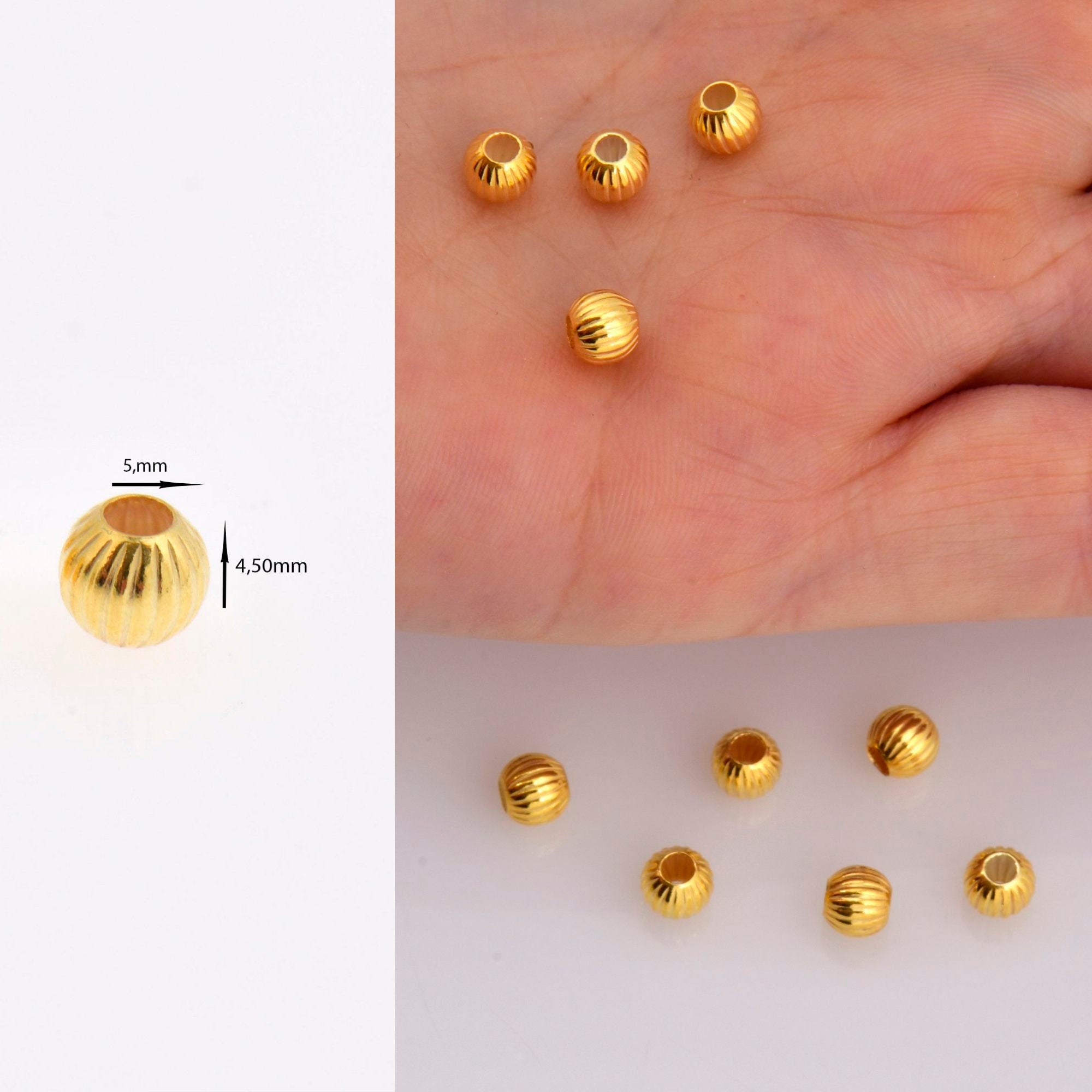 24K Gold 5mm Plated Seamless Round Beads, 925 Silver Corrugated Round Beads in Gold Vermeil, Round Seperator Beads, Jewelry Supplies, VM5C