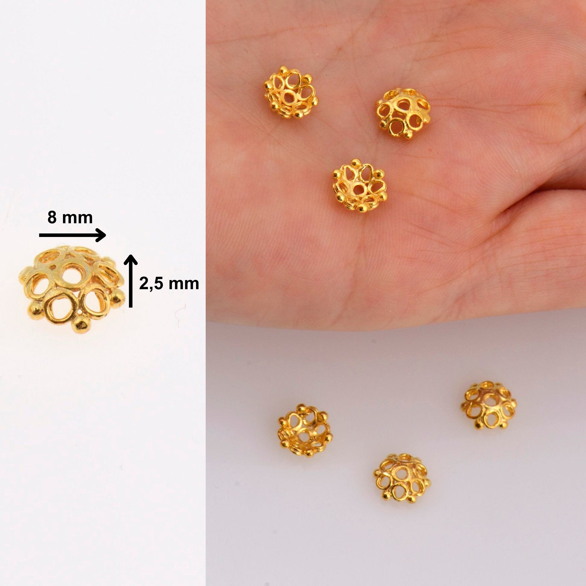 24K Gold Vermeil 8mm Flower Bead Caps, Gold Plated Bead Caps, 925 Silver Bead Caps in Gold, Spacer Bead Caps, Jewelry Making Supply, VM6A