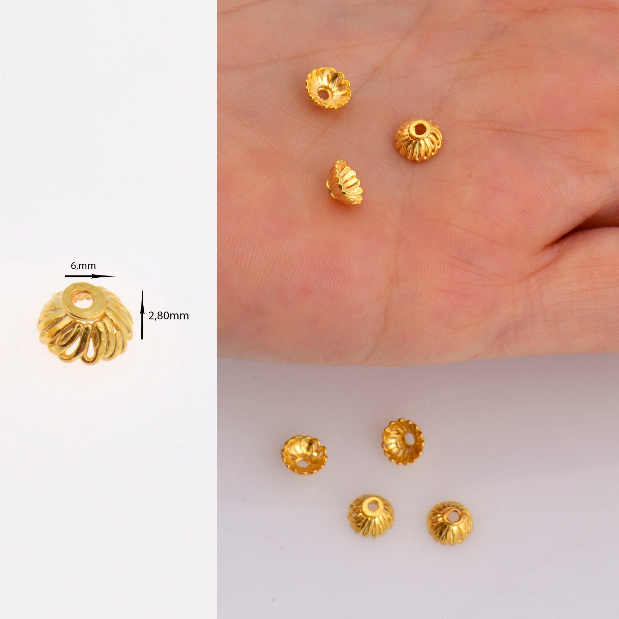 24K Gold Vermeil 6mm Bead Caps, Gold Plated Bead Caps, 925 Solid Silver Bead Caps in Gold, Spacer Bead Caps, Jewelry Craft Supply, VM8A