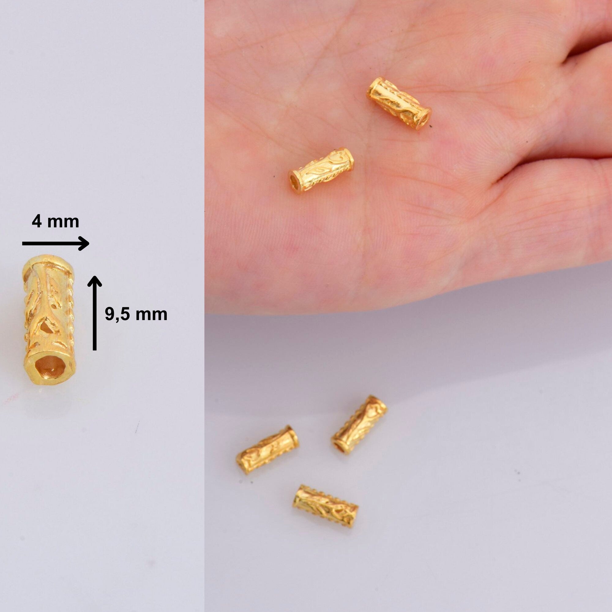 24K Gold Vermeil Tube Beads, Gold Plated Flower Tube Beads, 925 Silver Spacer Tube Beads in Gold, Silver Tube Beads For Jewelry Making, VM21