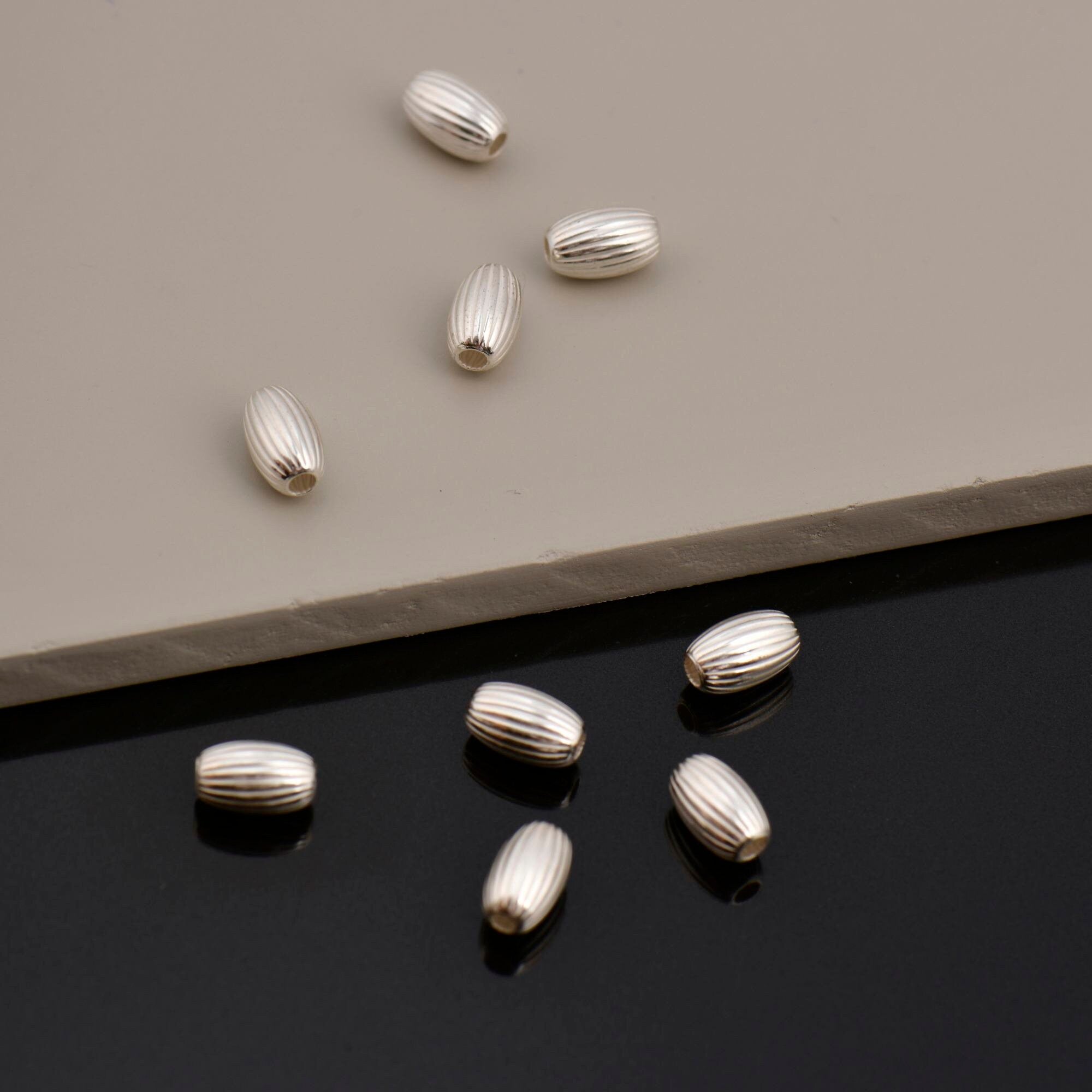 925 Sterling Silver 8x5mm Corrugated Oval Beads, Solid Seamless Oval Beads, Olive Shape Beads, Barrel Shape Jewelry Crafting Supplies, M4C