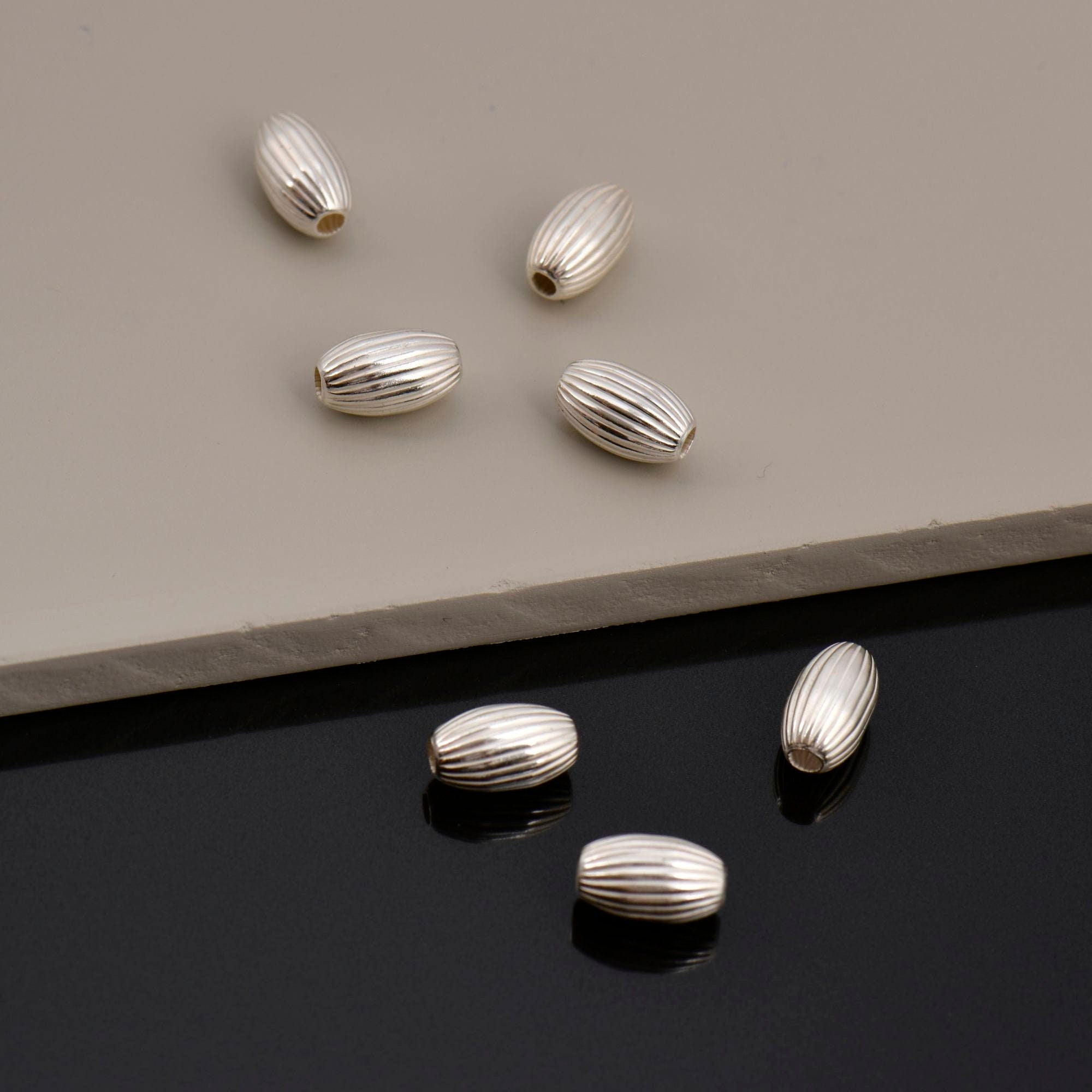 925 Silver 10x6mm Seamless Oval Beads, Silver Corrugated Oval Beads, Solid Olive Shape Beads, Barrel Shape Jewelry Crafting Supplies, M4D