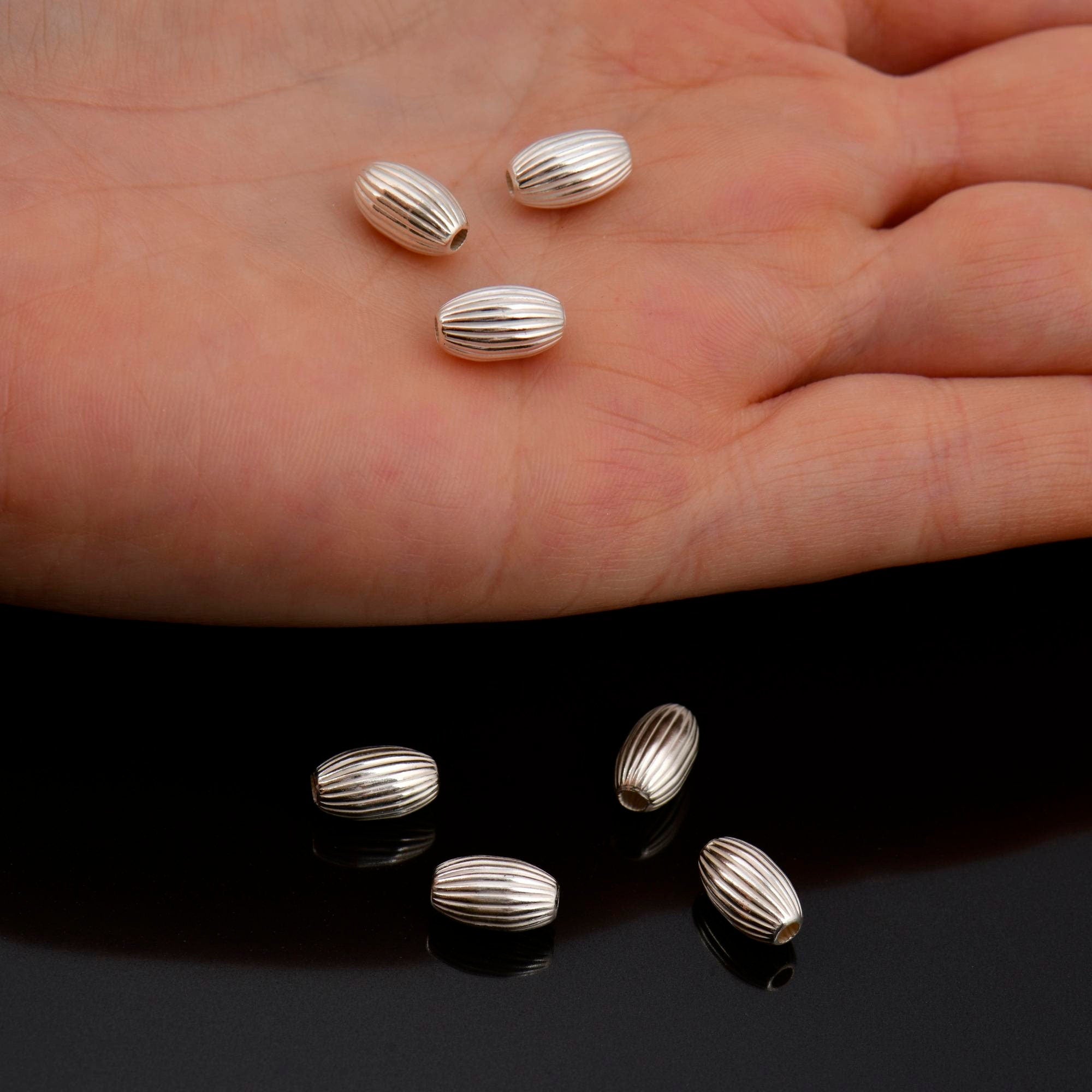 925 Silver 10x6mm Seamless Oval Beads, Silver Corrugated Oval Beads, Solid Olive Shape Beads, Barrel Shape Jewelry Crafting Supplies, M4D