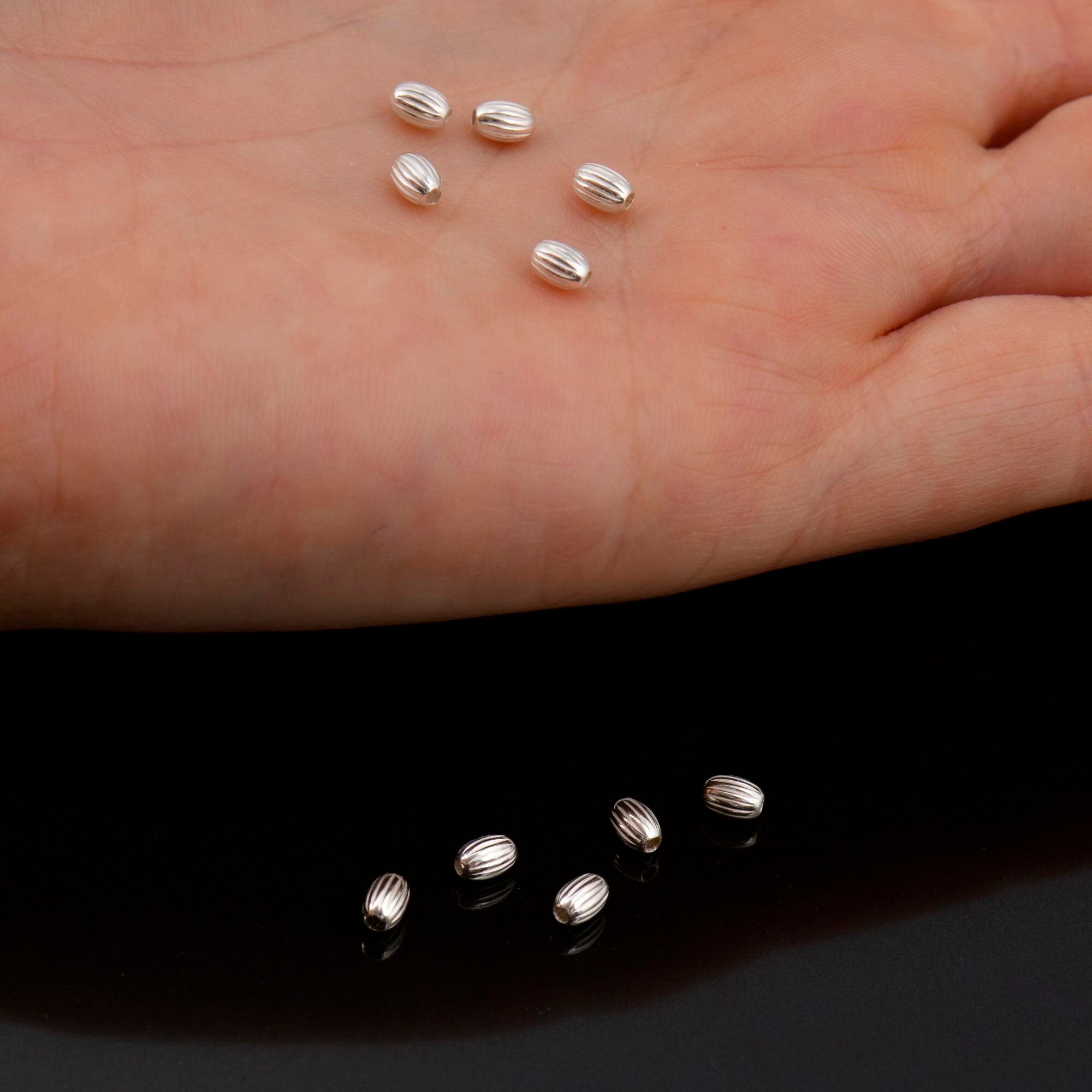 925 Sterling Silver Corrugated Oval Beads, Solid Seamless Oval Beads, Silver Olive Shape Beads, Barrel Shape Jewelry Craft Supplies, M4 A-E