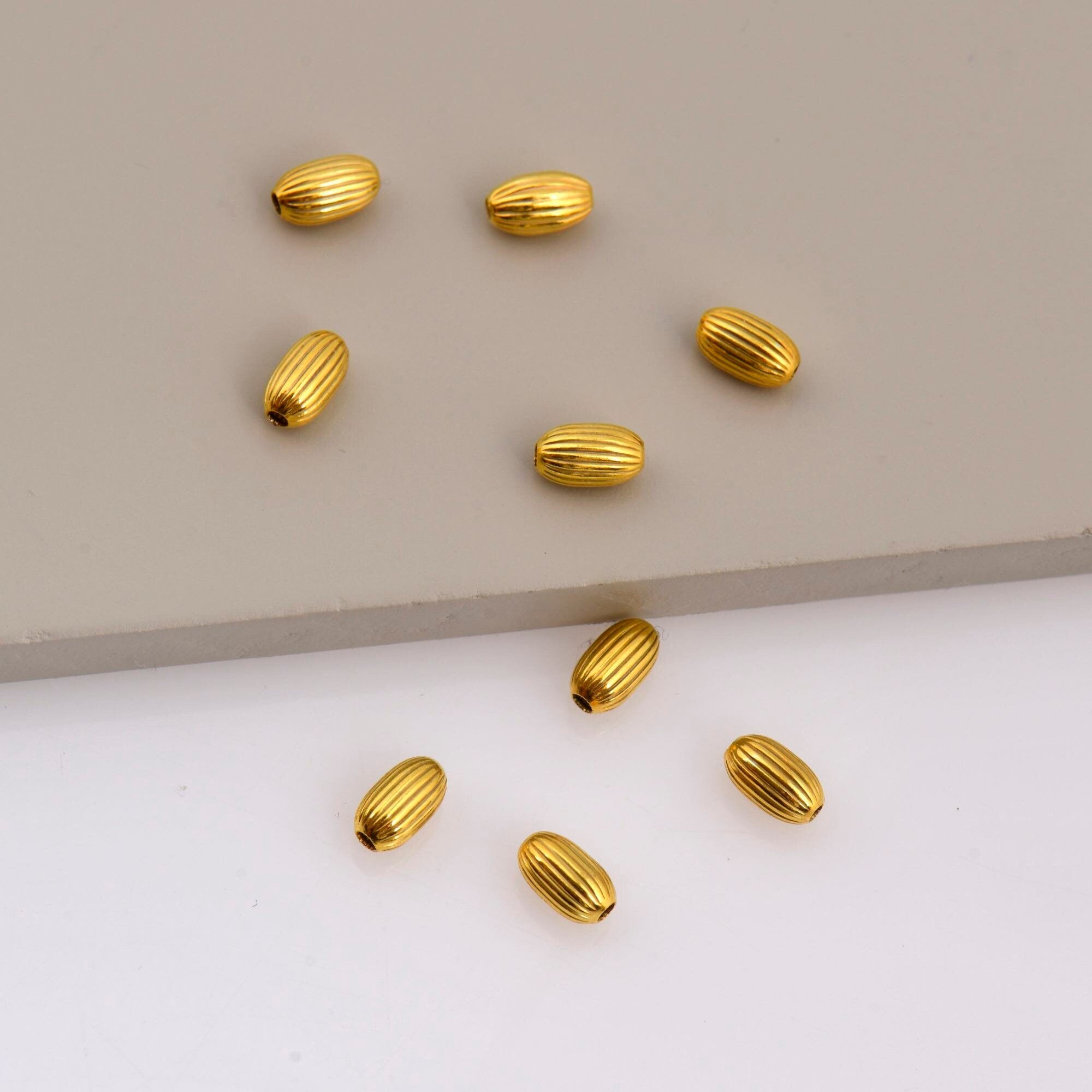 24K Gold Plated Seamless Oval Beads, 925 Silver 7mmx4mm Corrugated Oval Beads in 24K Gold Vermeil, Olive Shape Beads, Jewelry Supplies, VM4B