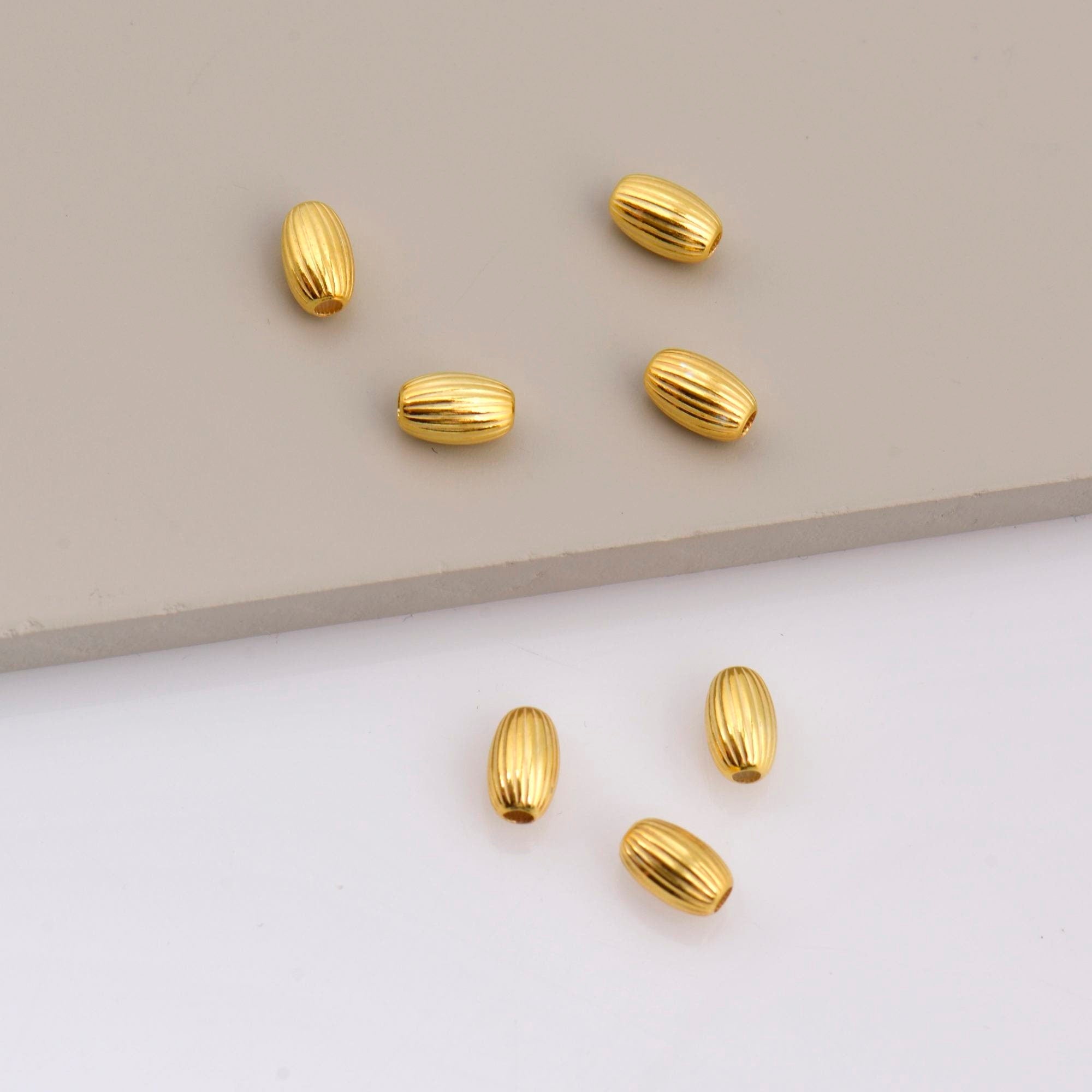 24K Gold 8mmx5mm Plated Seamless Oval Beads, 925 Silver Corrugated Oval Beads in Gold Vermeil, Olive Shape Beads, Jewelry Supplies, VM4C
