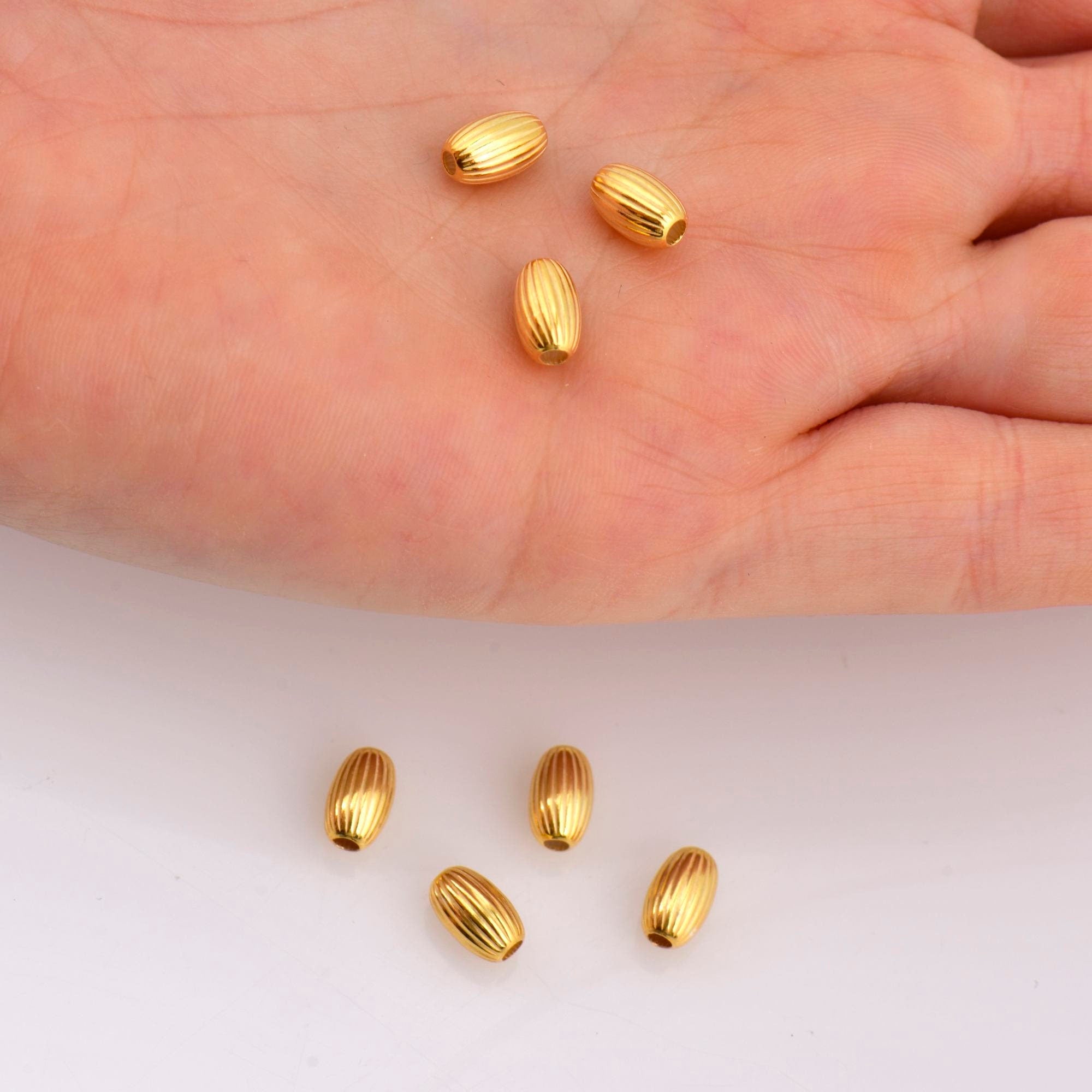 24K Gold 8mmx5mm Plated Seamless Oval Beads, 925 Silver Corrugated Oval Beads in Gold Vermeil, Olive Shape Beads, Jewelry Supplies, VM4C