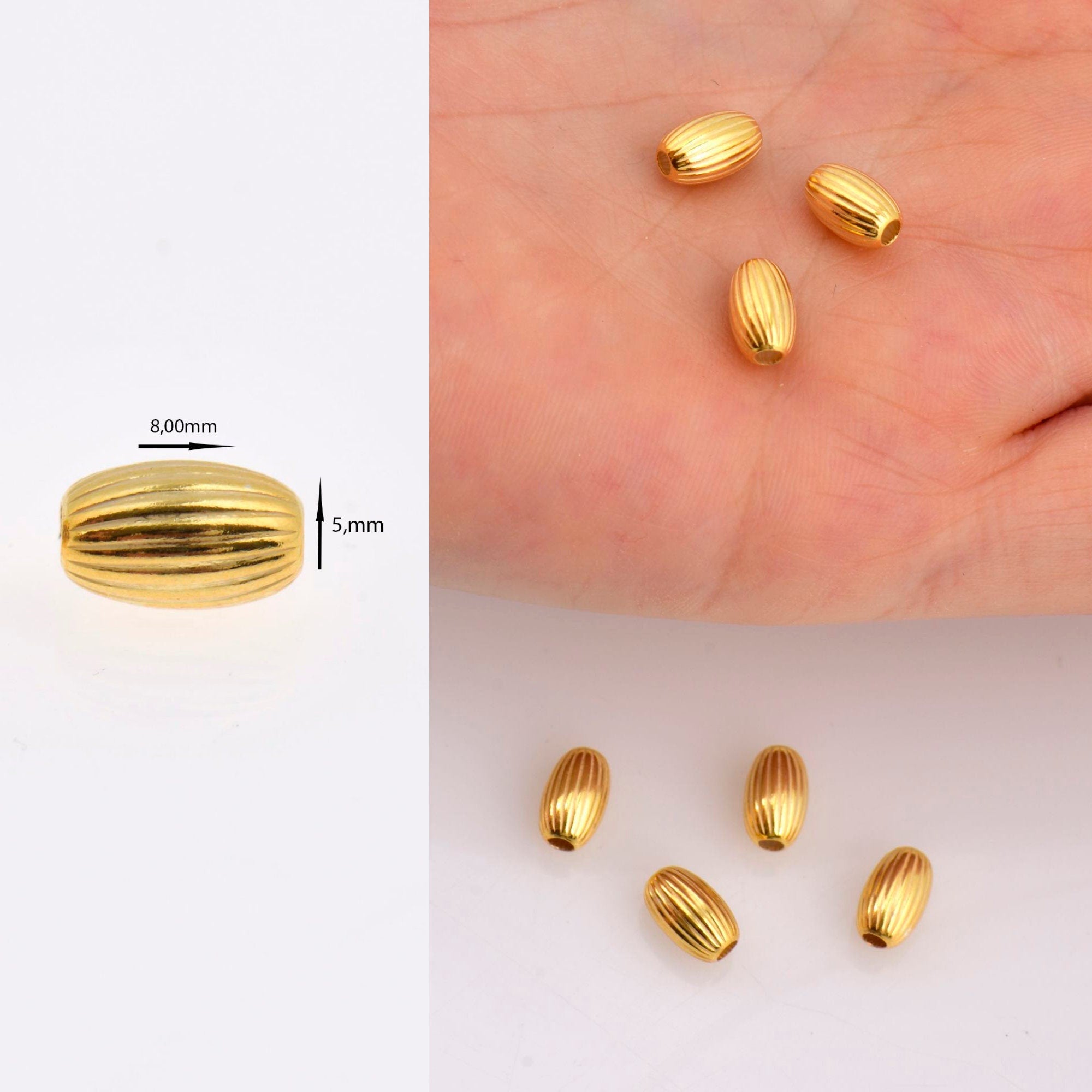 24K Gold Plated Seamless Oval Beads, 925 Silver Corrugated Oval Beads in 24K Gold Vermeil, Olive Shape Beads, Jewelry Supplies, VM4 A-E
