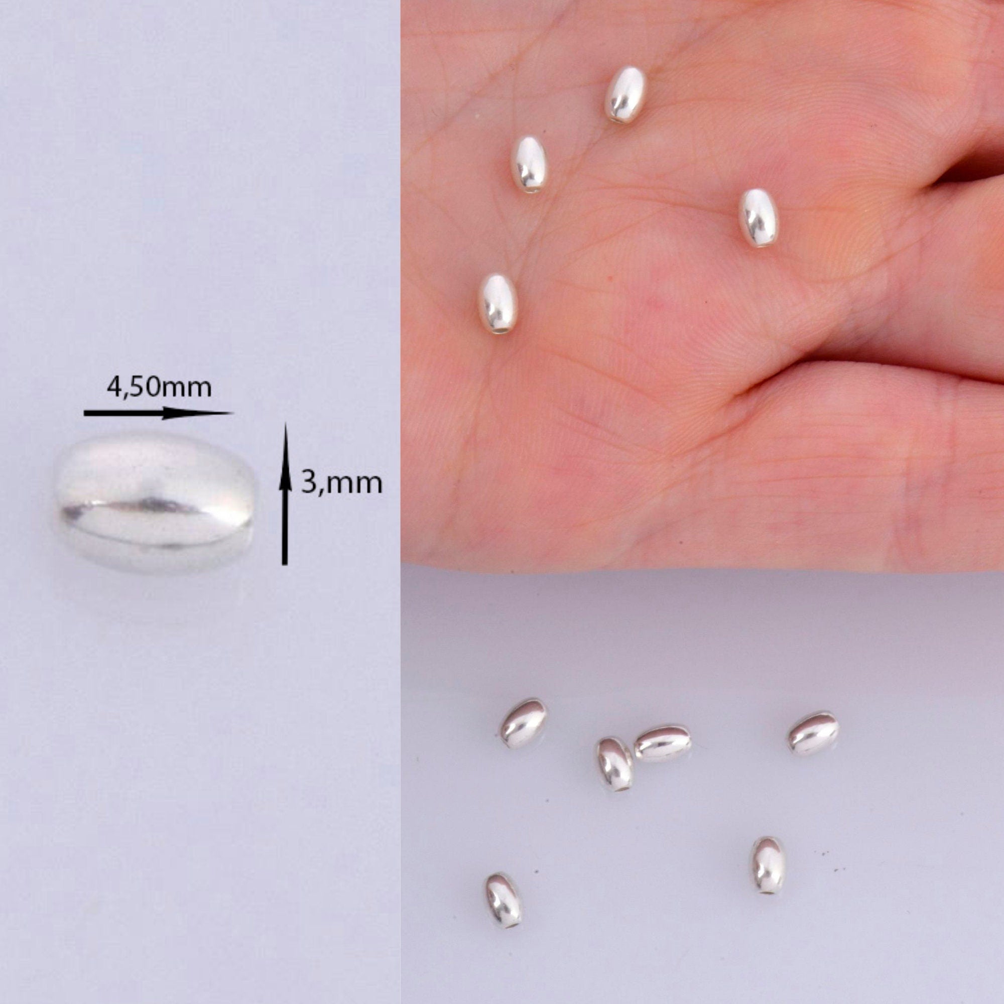 925 Sterling Silver Oval 4.5x3mm Beads, Solid Rice Beads, Seamless Olive Beads, Barrel Shape Bracelet Spacer Beads, Jewelry Supplies, M1A