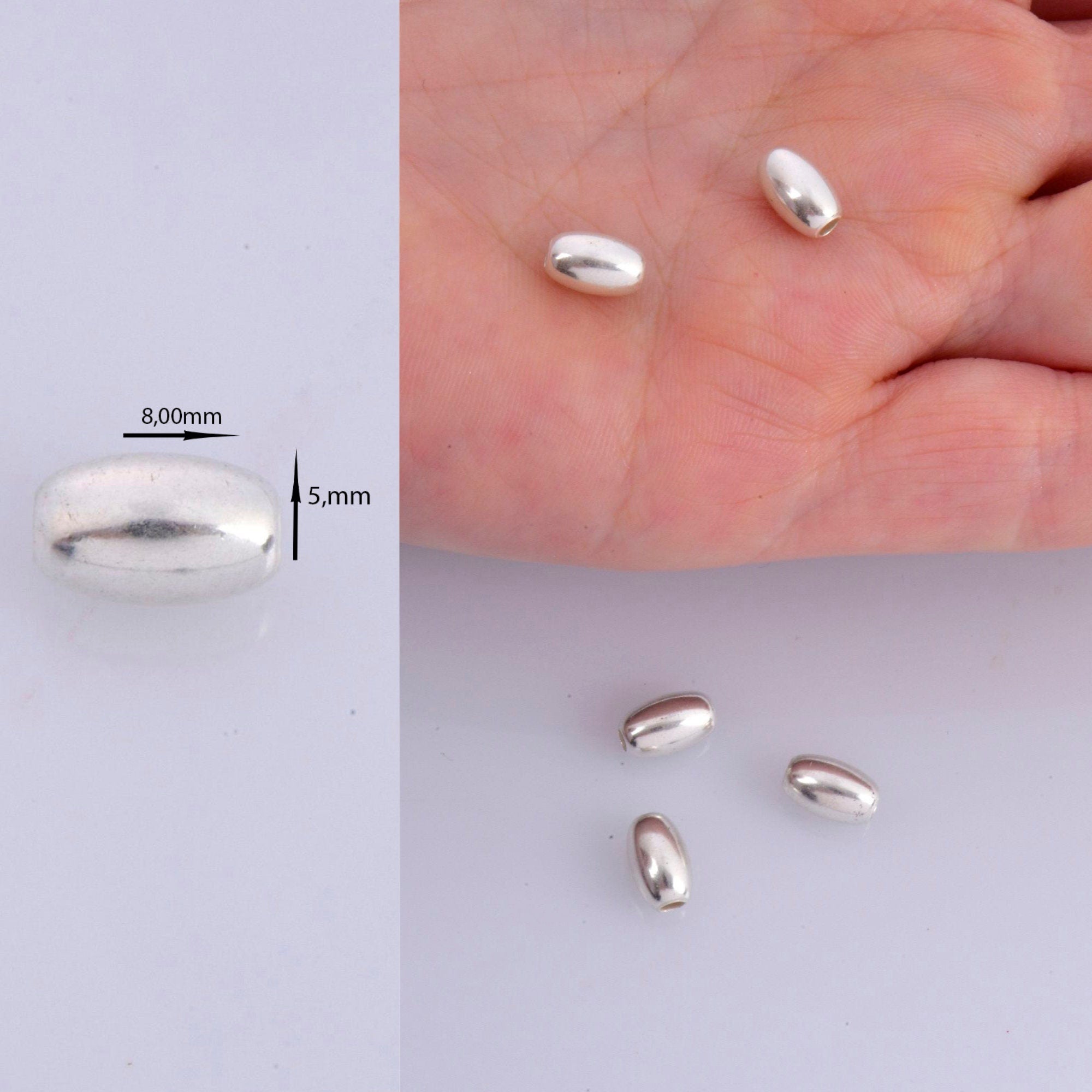 925 Sterling Silver Oval 8x5mm Beads, Solid Rice Beads, Seamless Olive Beads, Barrel Shape Bracelet Spacer Beads, Jewelry Supplies, M1C