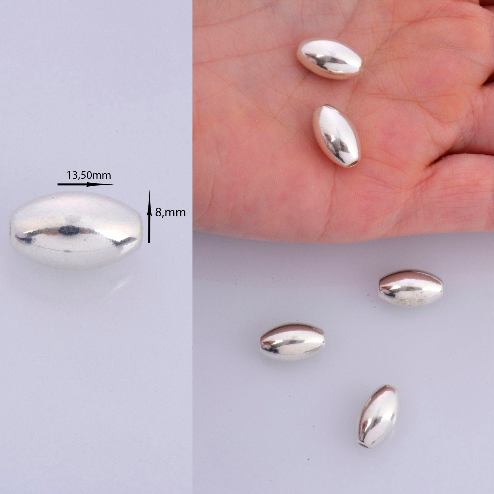 925 Sterling Silver Oval 13.5x8mm Beads, Solid Rice Beads, Seamless Olive Beads, Barrel Shape Bracelet Spacer Beads, Jewelry Supplies, M1F