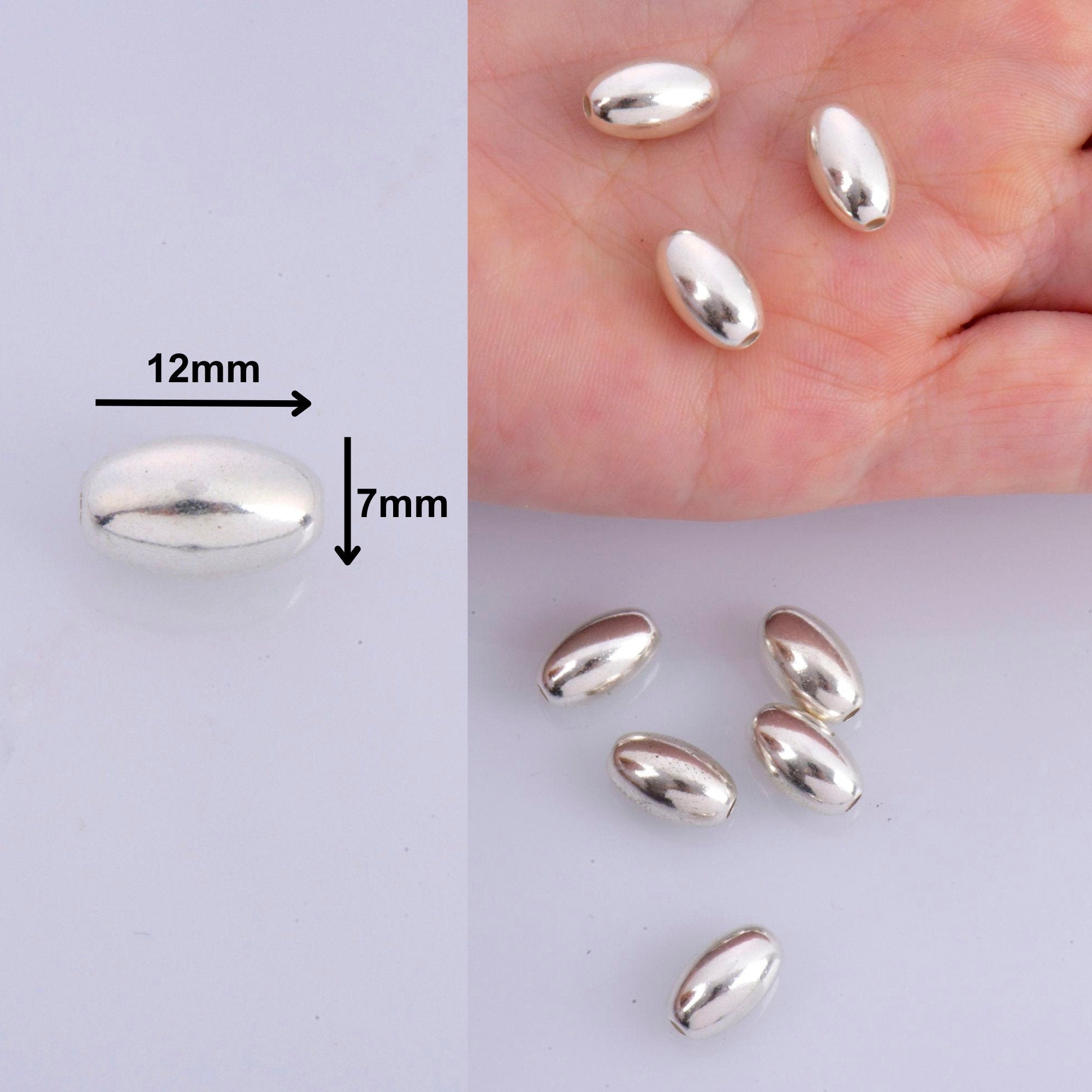 925 Sterling Silver Oval 12x7mm Beads, Solid 925 Rice Beads, Seamless Olive Beads, Barrel Shape Bracelet Spacer Beads, Jewelry Supplies, M1E