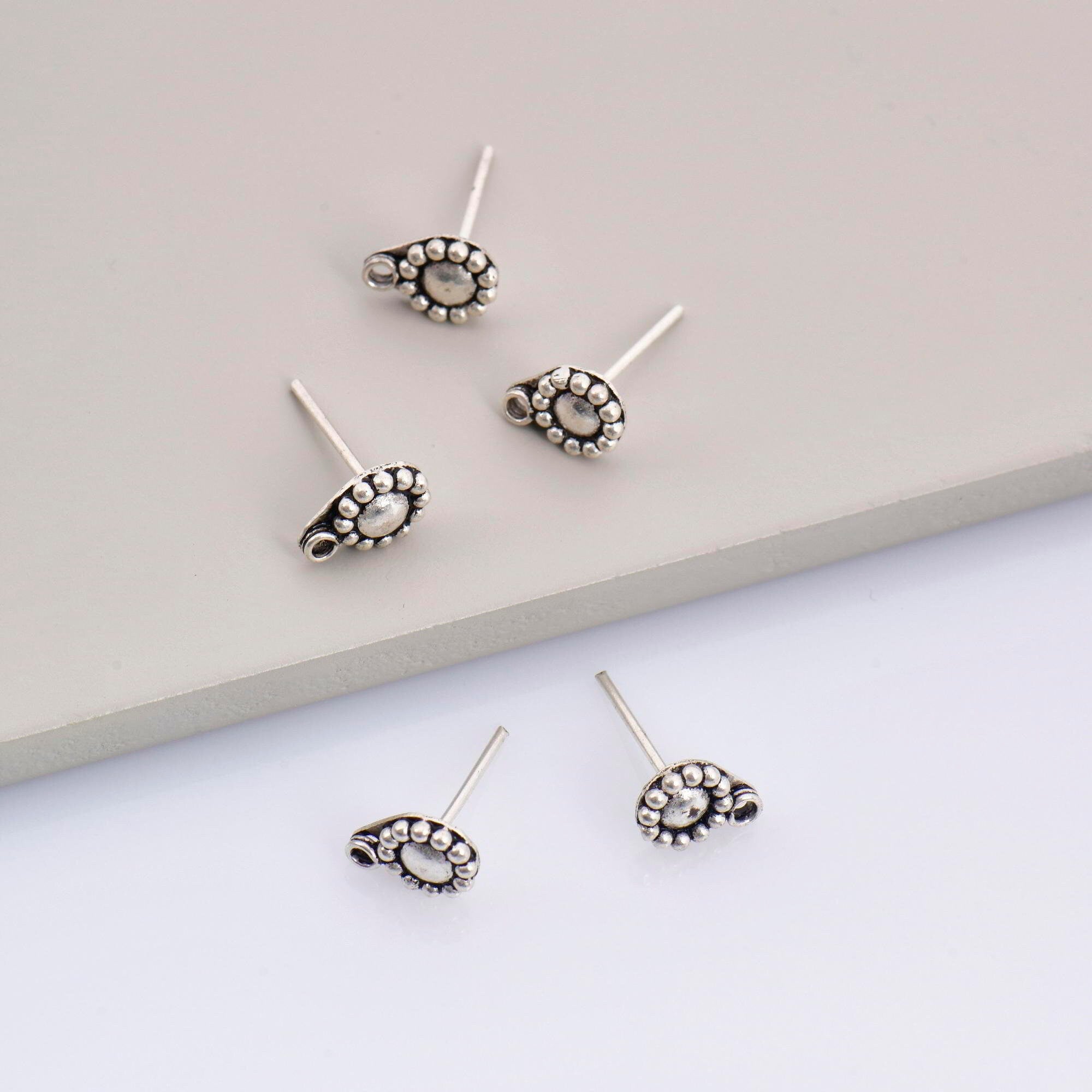925 Sterling Silver Flower Ear Post, Antique Silver Flower Earring Studs with Loop, Solid Silver Earring Posts, Jewelry Making Findings, M52