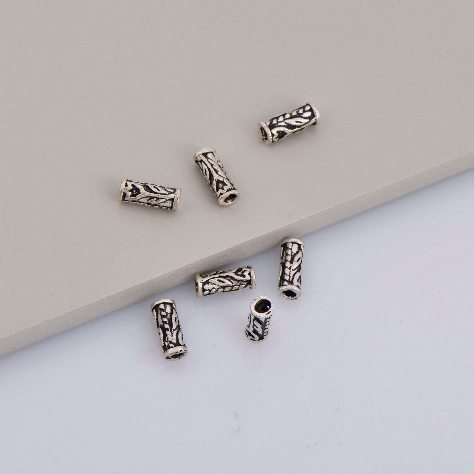 925 Sterling Silver Tube Beads, Antique Silver Flower Tube Beads, Spacer Tube Beads, Oxidized Silver Tube Beads For Jewelry Making, M21