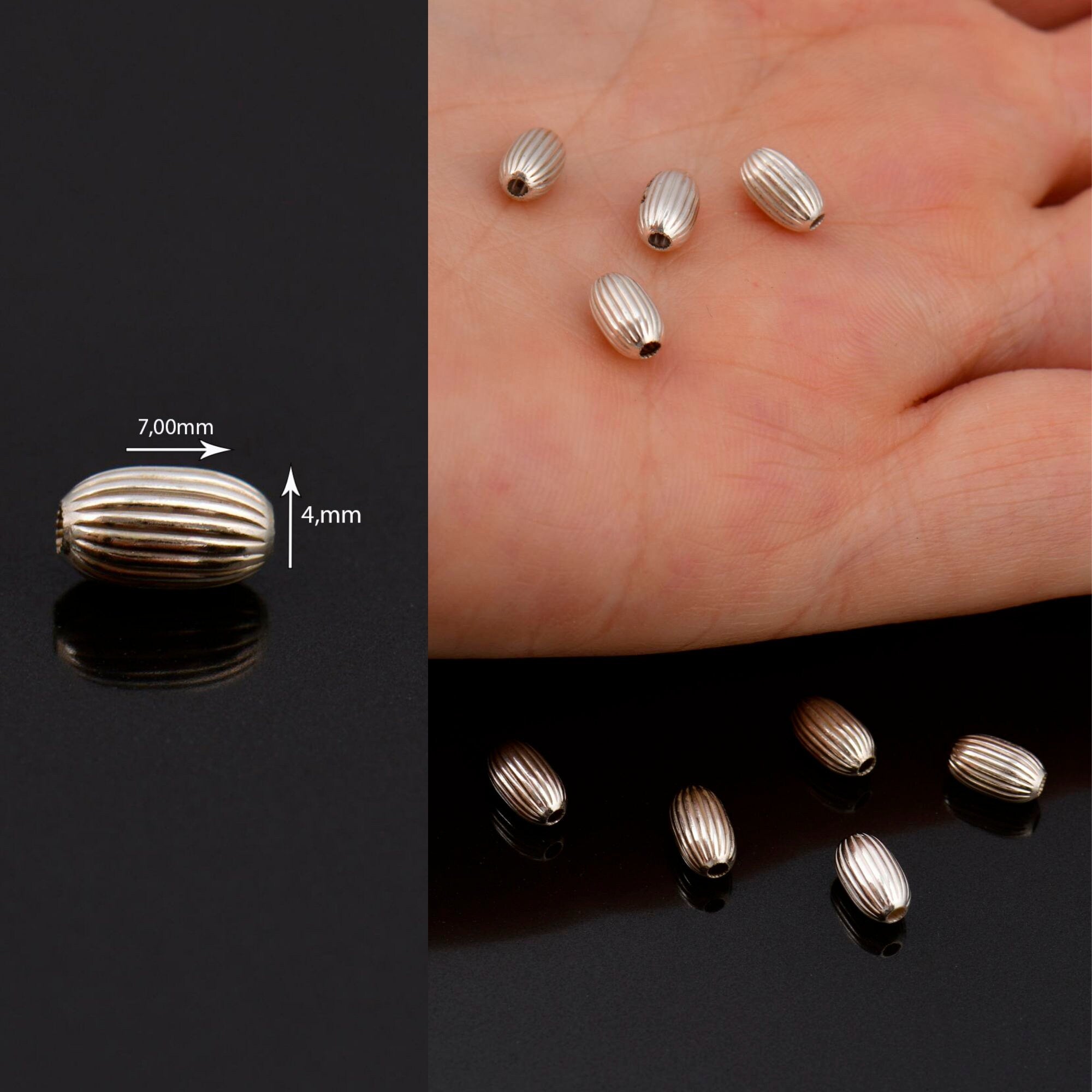 925 Sterling Silver Corrugated Oval Beads, Solid Seamless Oval Beads, Silver Olive Shape Beads, Barrel Shape Jewelry Craft Supplies, M4 A-E