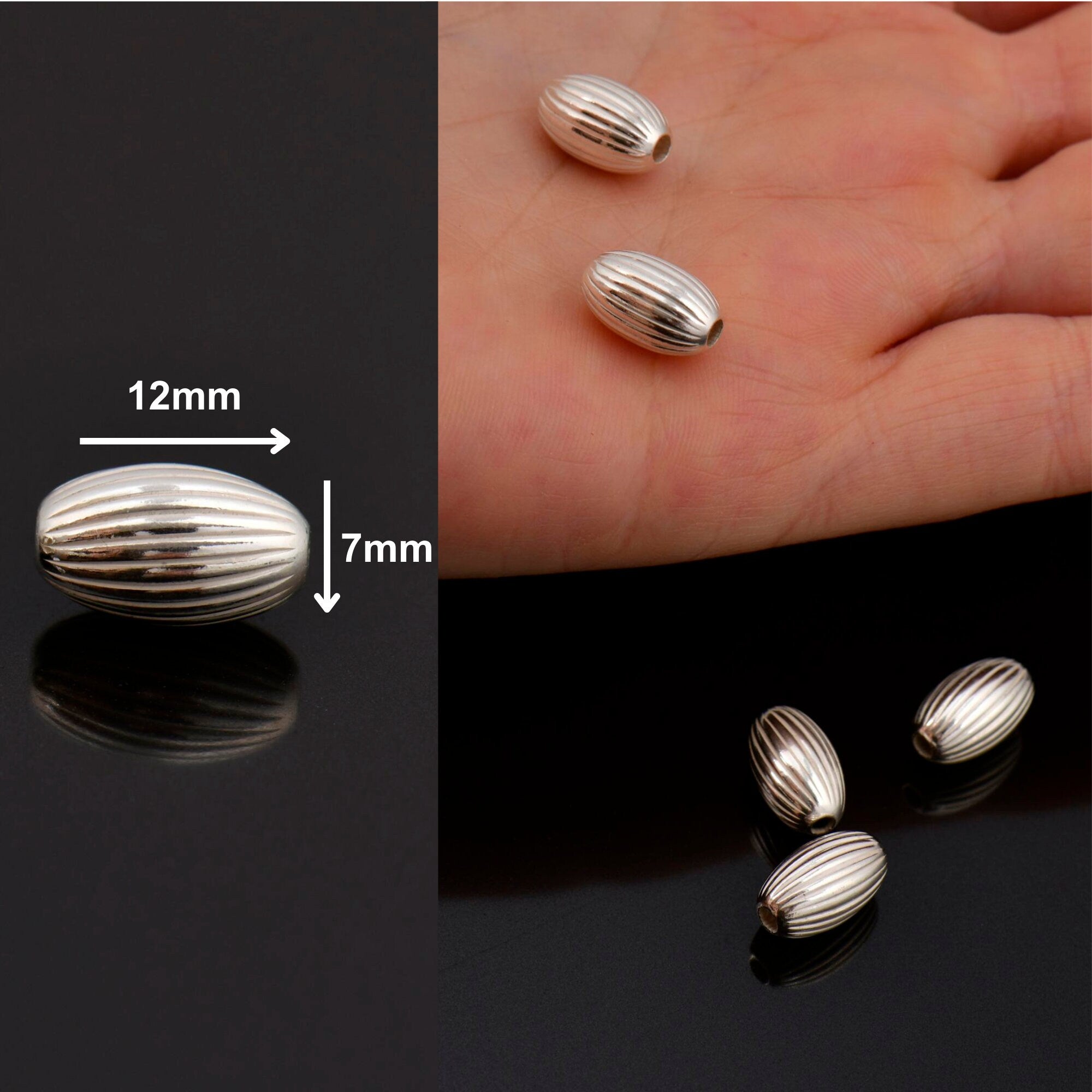 925 Sterling Silver Corrugated Oval Beads, Solid Seamless Oval Beads, Silver Olive Shape Beads, Barrel Shape Jewelry Craft Supplies, M4 A-E