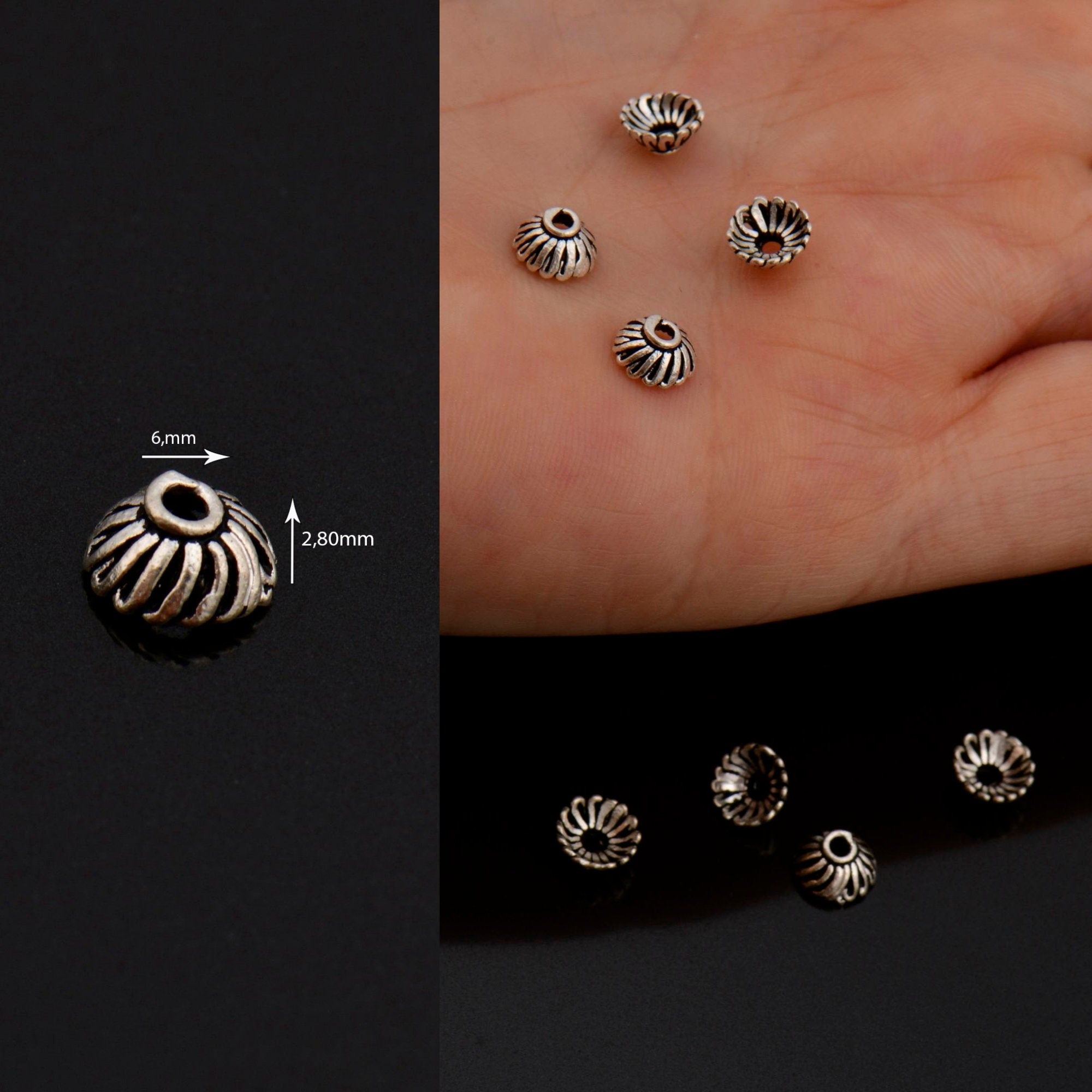 925 Silver Sterling 6mm to 8.5mm Bead Caps, Silver Bead Caps, Oxidized Solid Silver Bead Caps, Spacer Bead Caps, Jewelry Supplies, M8A-B-C