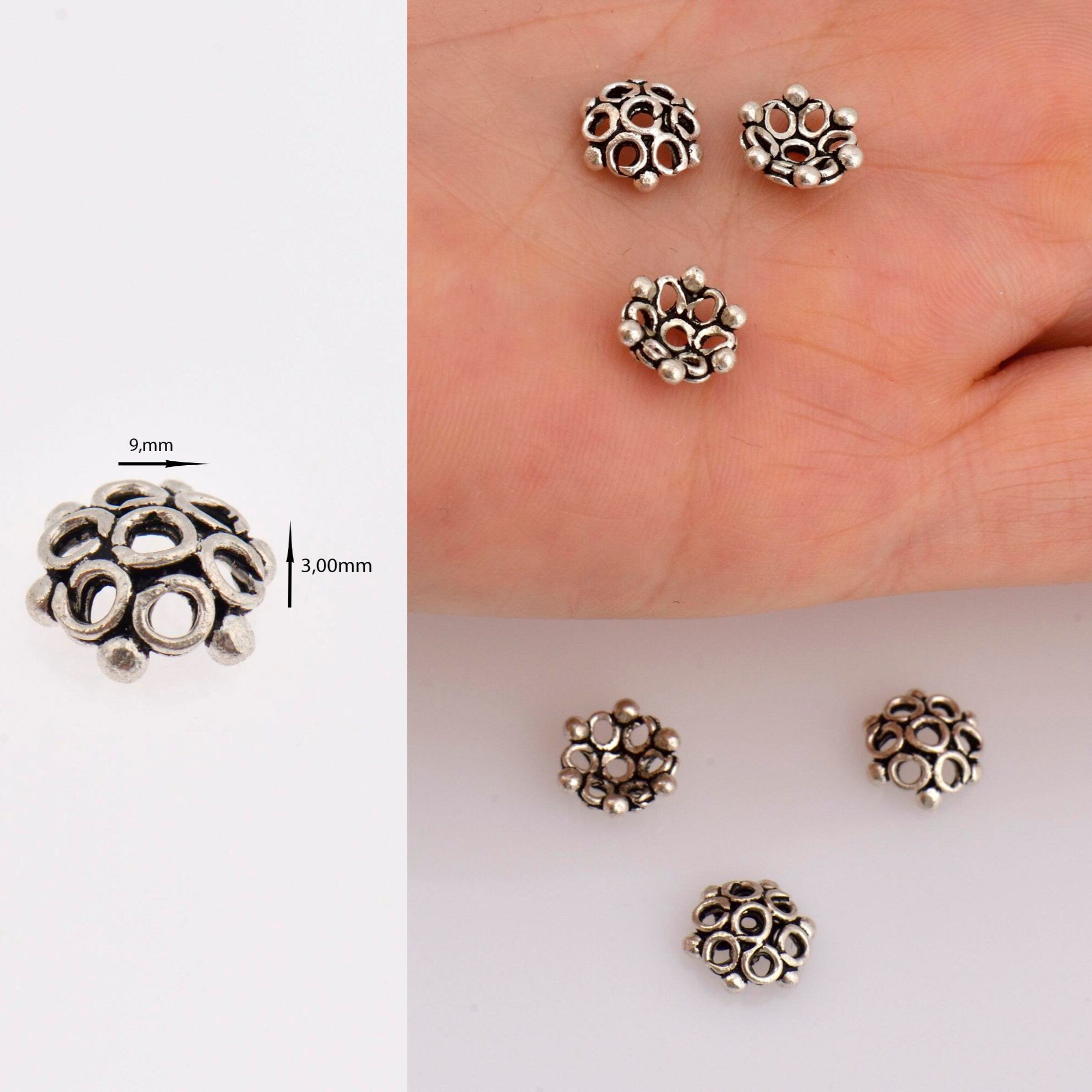 925 Sterling Silver Flower Bead Caps, Solid Silver Bead Caps, 9mm Flower Bead Caps, Oxidized Spacer Bead Caps, Jewelry Crafting Supply, M6B