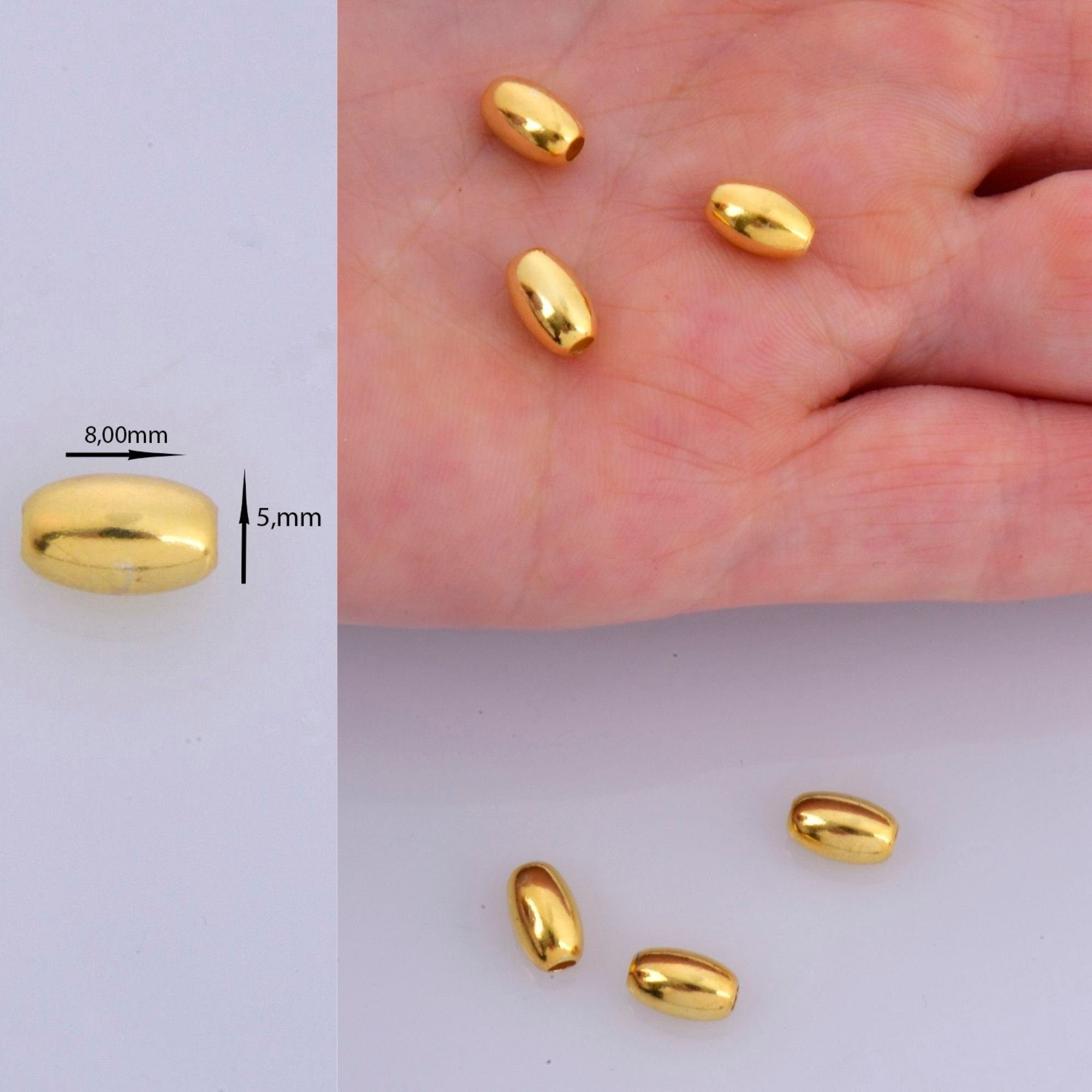 24K Gold 8x5mm Plated Rice Shape Beads, 925 Silver Oval Beads in 24K Gold Vermeil, Smooth Seamless Olive Beads, Jewelry Supplies, VM1C