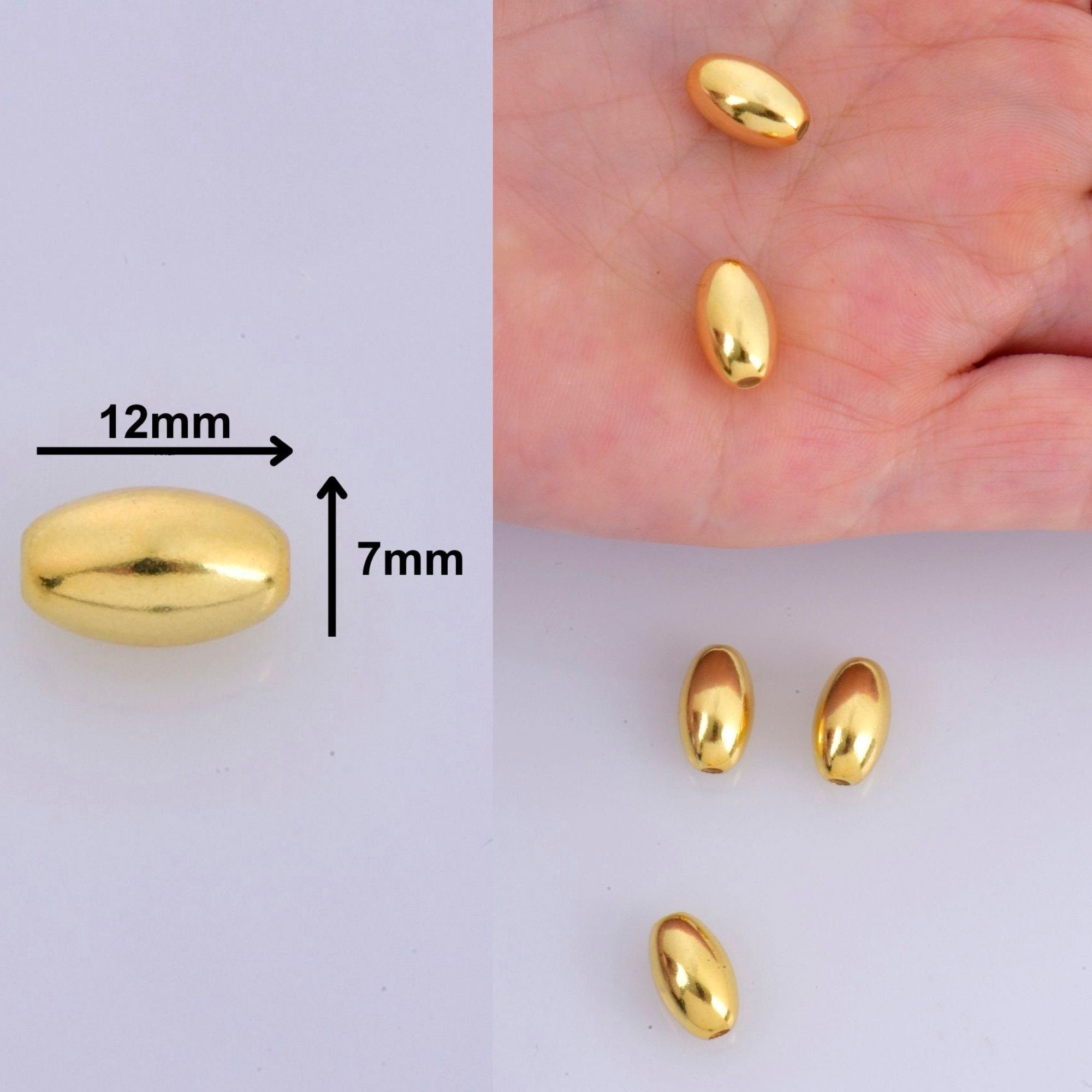 24K Gold 12x7mm Plated Rice Shape Beads, 925 Silver Oval Beads in 24K Gold Vermeil, Smooth Seamless Olive Beads, Jewelry Supplies, VM1E
