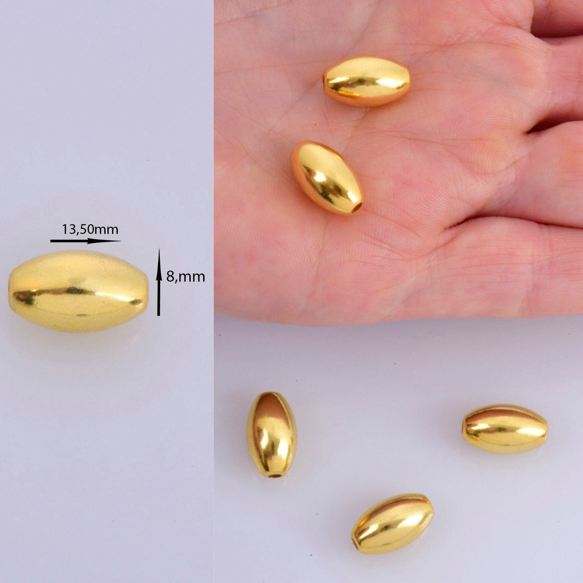 24K Gold Plated Rice Shape Beads, 925 Silver Oval 13.5x8mm Beads in 24K Gold Vermeil, Smooth Seamless Olive Beads, Jewelry Supplies, VM1F