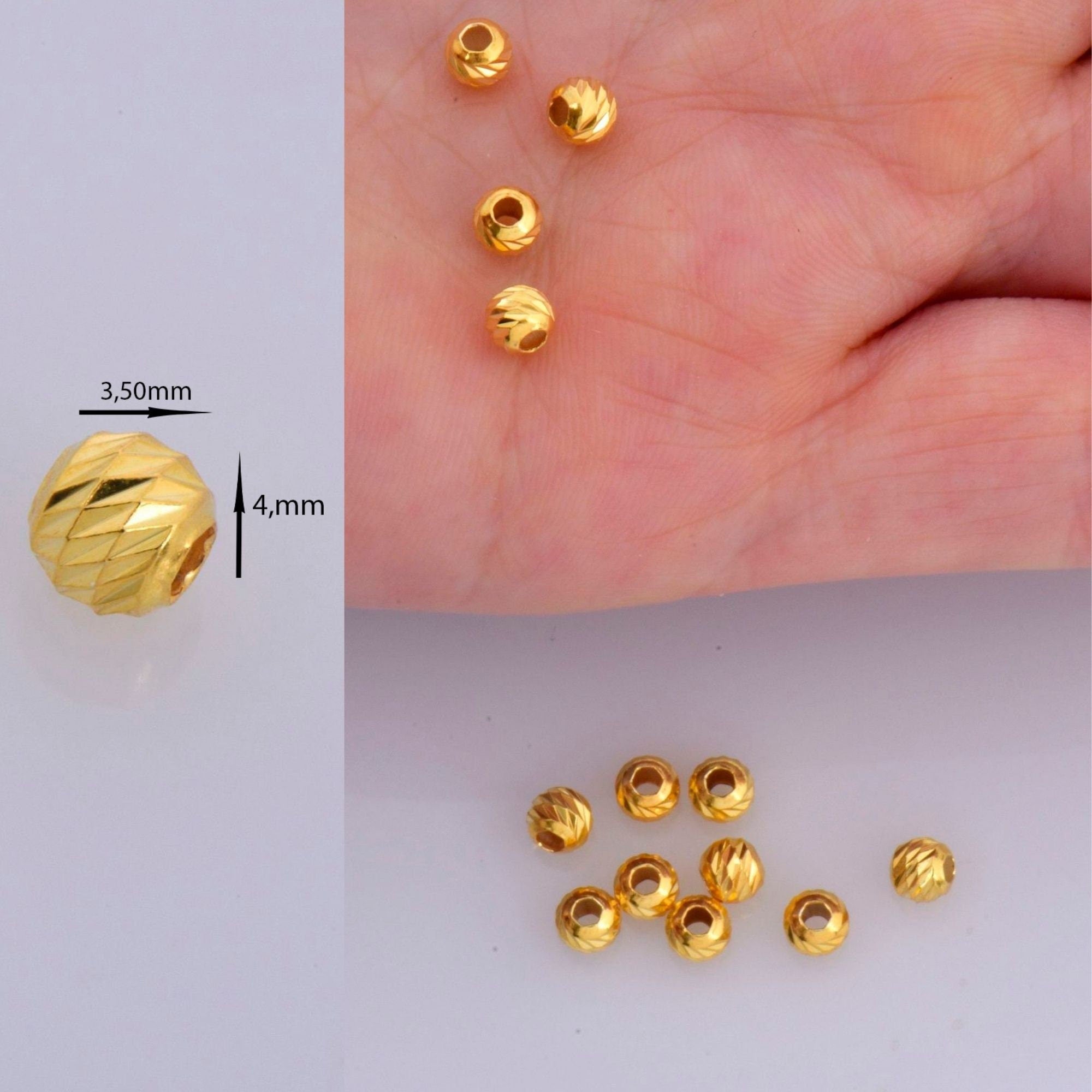 24K Gold Vermeil Diamond Cut 4mm Round Beads, Silver Laser Multi Diamond Cut Beads in 24K, Moon Cut Spacer Beads, Jewelry Supplies, VM2C