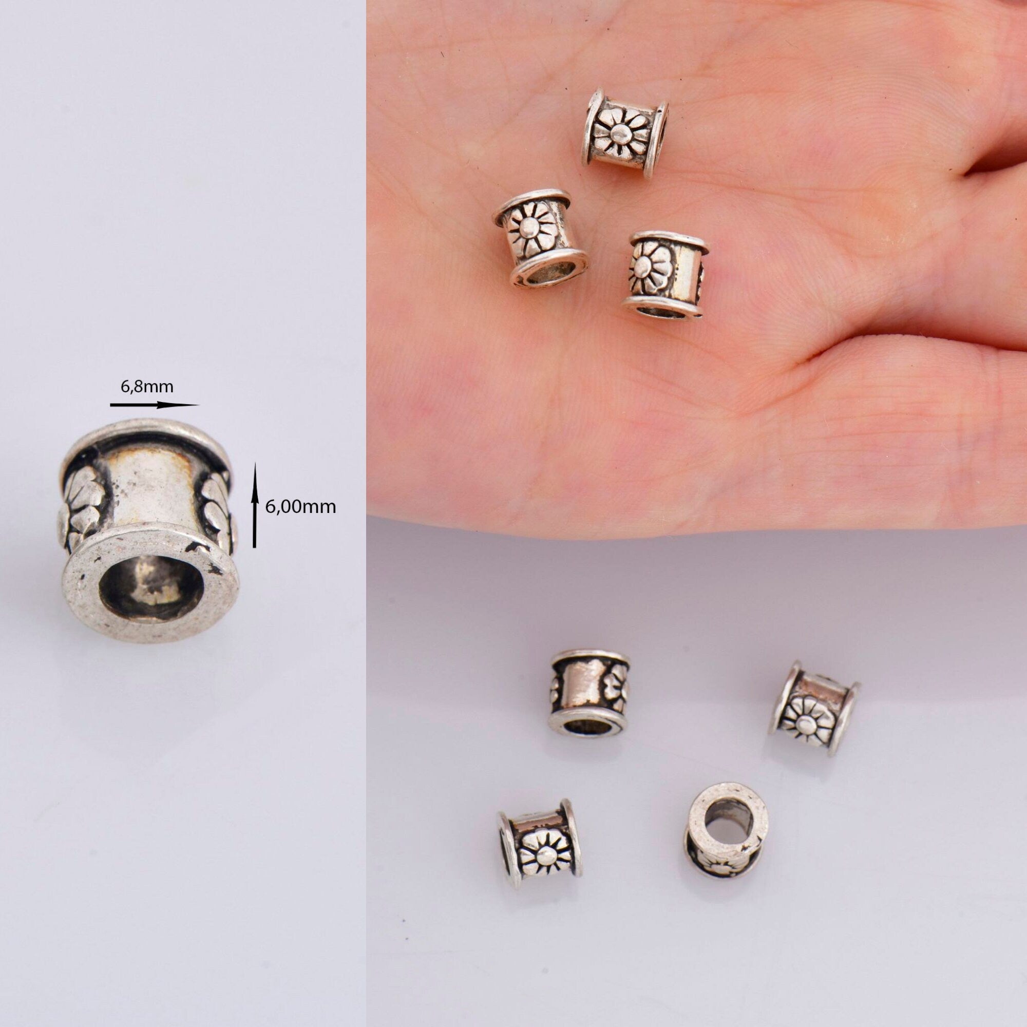 925 Sterling Silver Flower Tube Beads, Antique Silver Tube Beads, Spacer Tube Beads, Oxidized Silver Tube Beads For Jewelry Making, M22