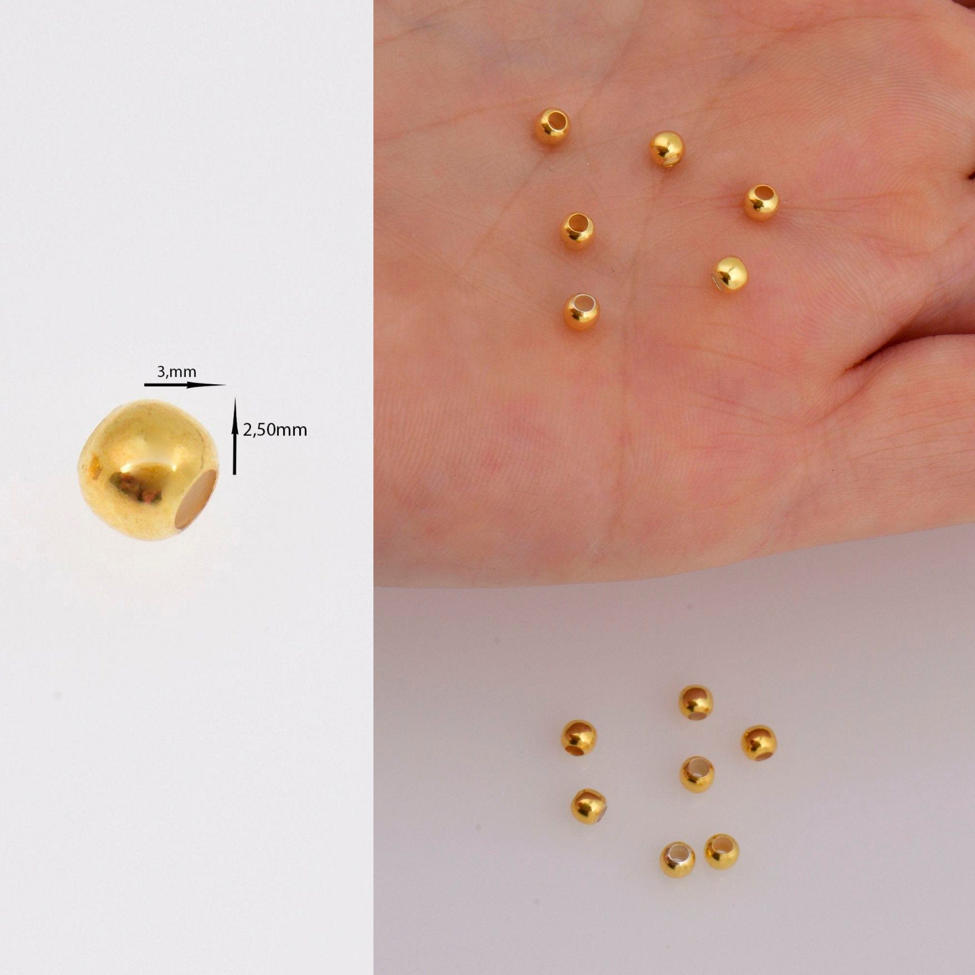 24K Gold 3mm Plated Seamless Round Beads, 925 Silver Round Beads in Gold Vermeil, Round Shape Seperator Beads, Jewelry Craft Supplies, VM3C