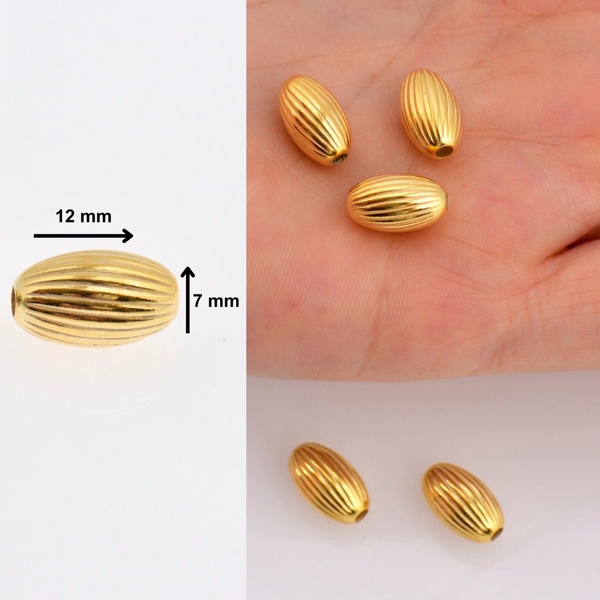 24K Gold 12mmx7mm Plated Seamless Oval Beads, 925 Silver Corrugated Oval Beads in Gold Vermeil, Olive Shape Beads, Jewelry Supplies, VM4E
