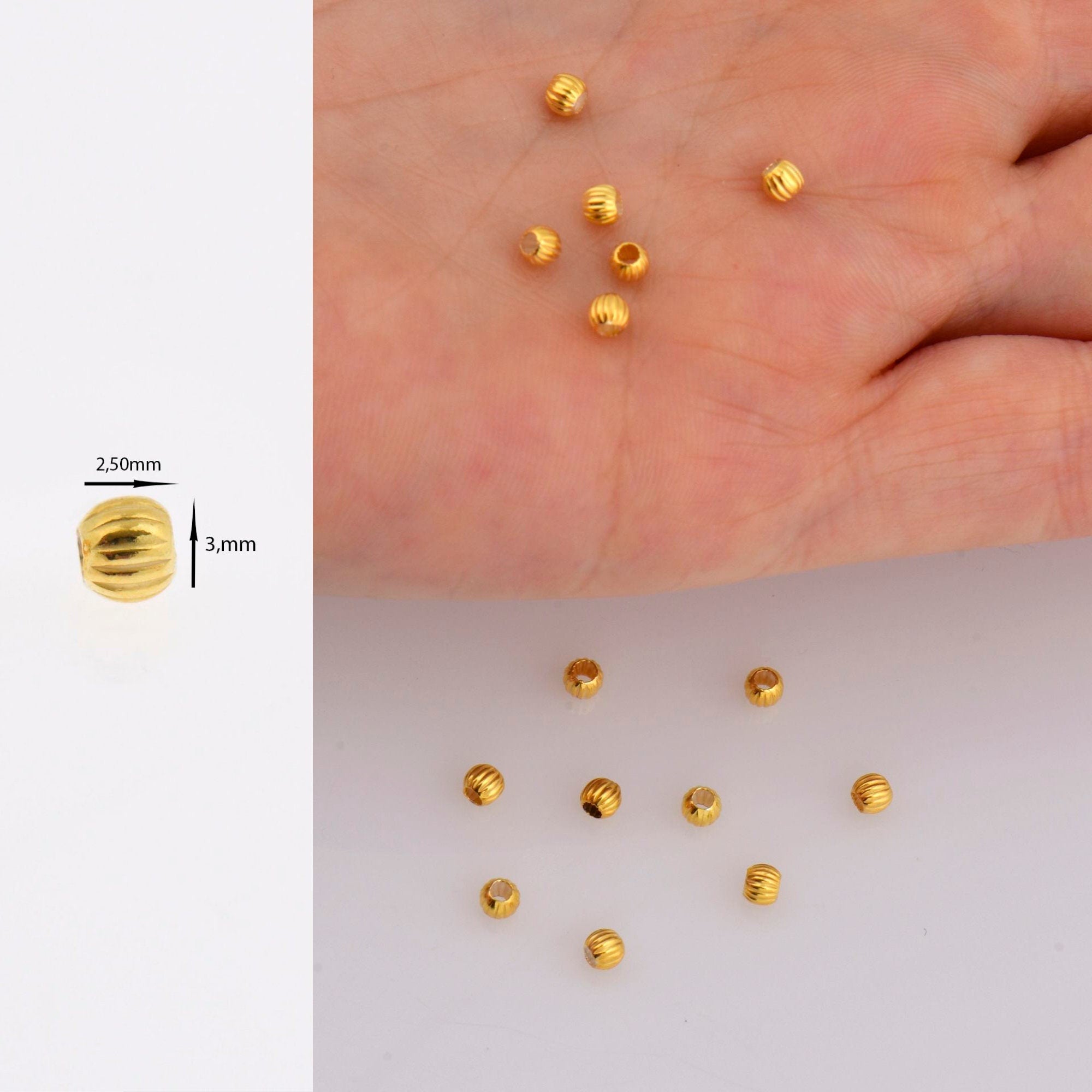 24K Gold 3mm Plated Seamless Round Beads, 925 Silver Corrugated Round Beads in Gold Vermeil, Round Seperator Beads, Jewelry Supplies, VM5A